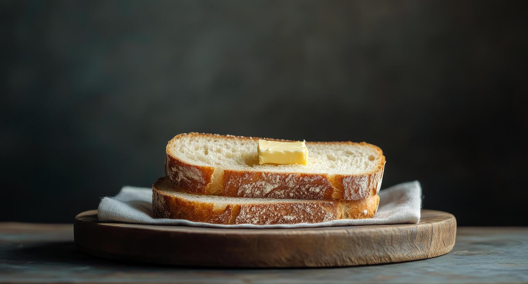 A slice of bread with butter on top of a wooden plate photo
