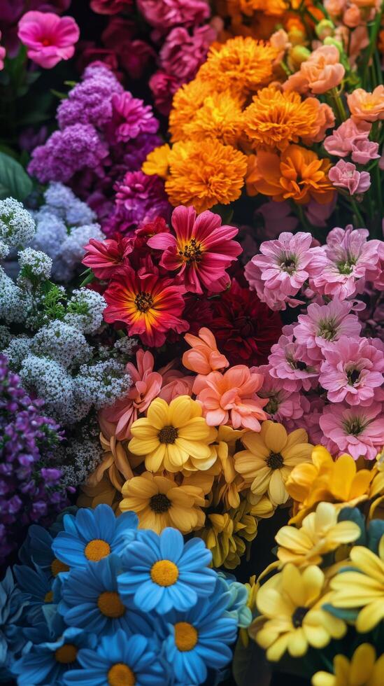 A large variety of colorful flowers are arranged in a vase photo