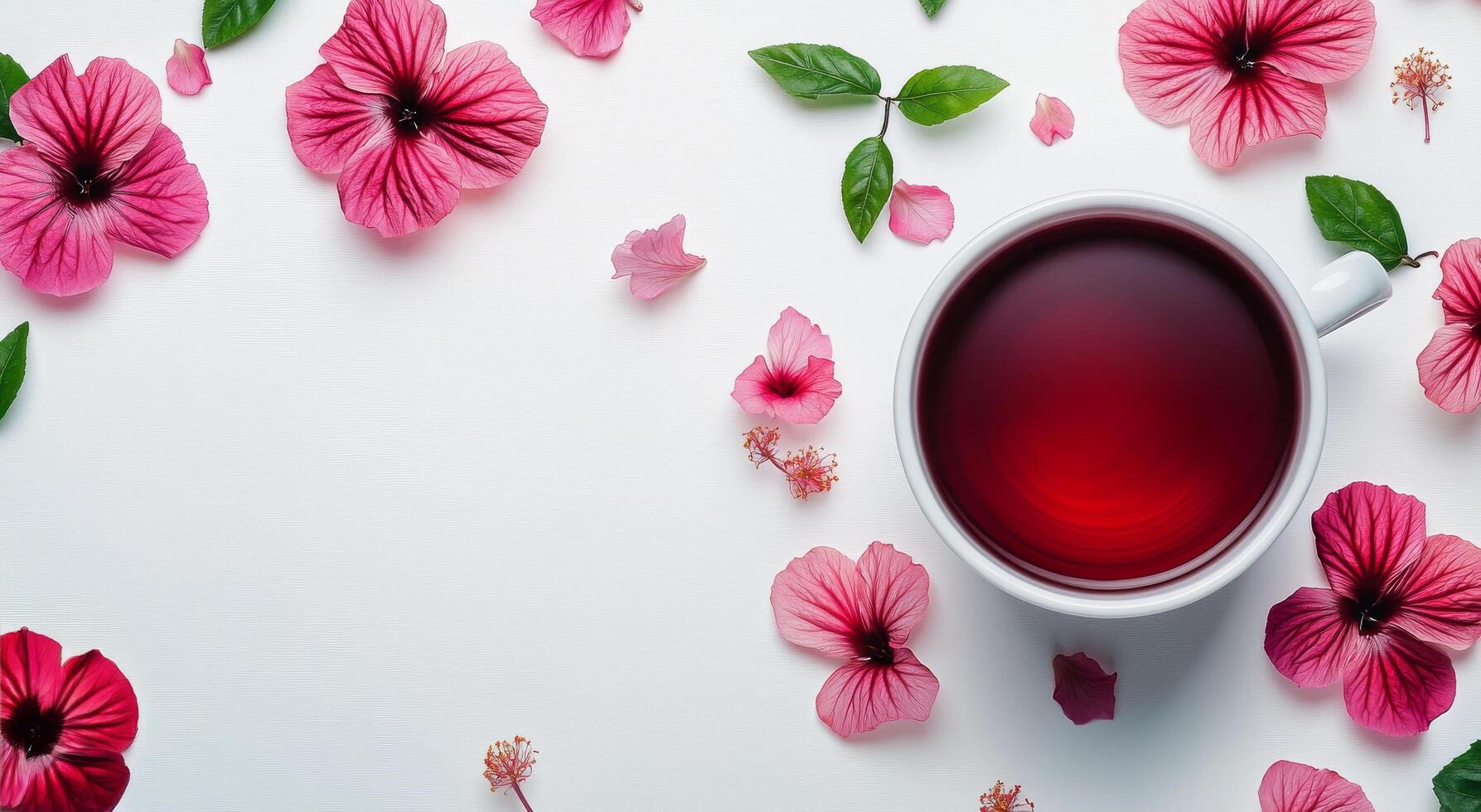 A cup of tea with pink flowers on a white background photo