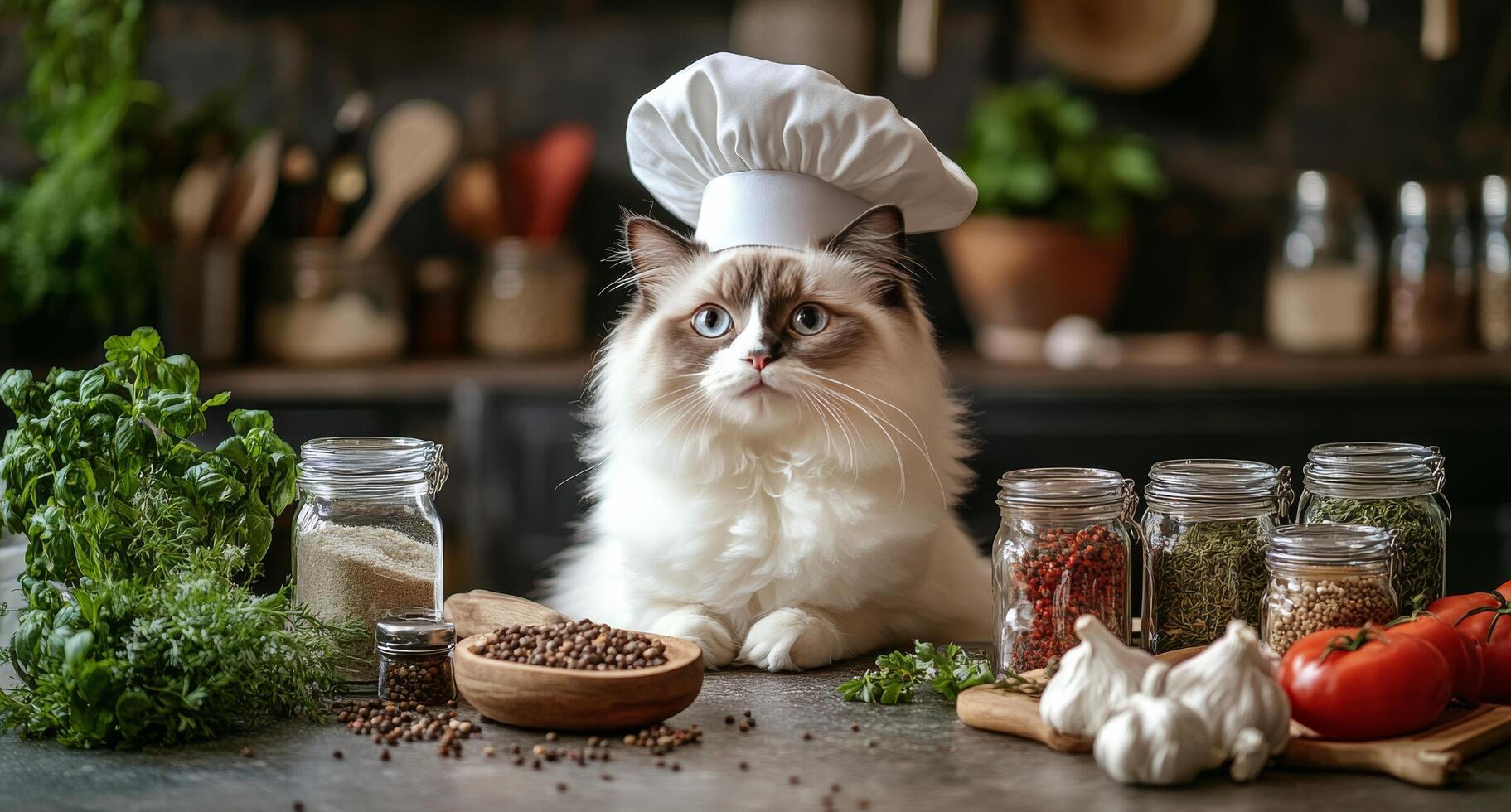 A cat wearing a chef hat sits on a table with spices and herbs photo
