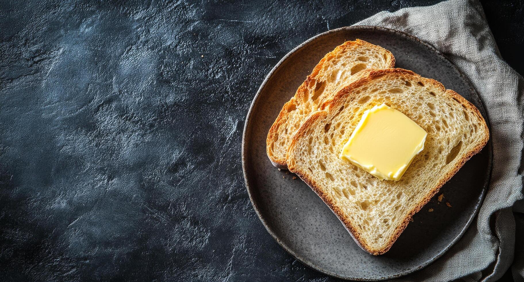 Butter on toast on a black plate photo