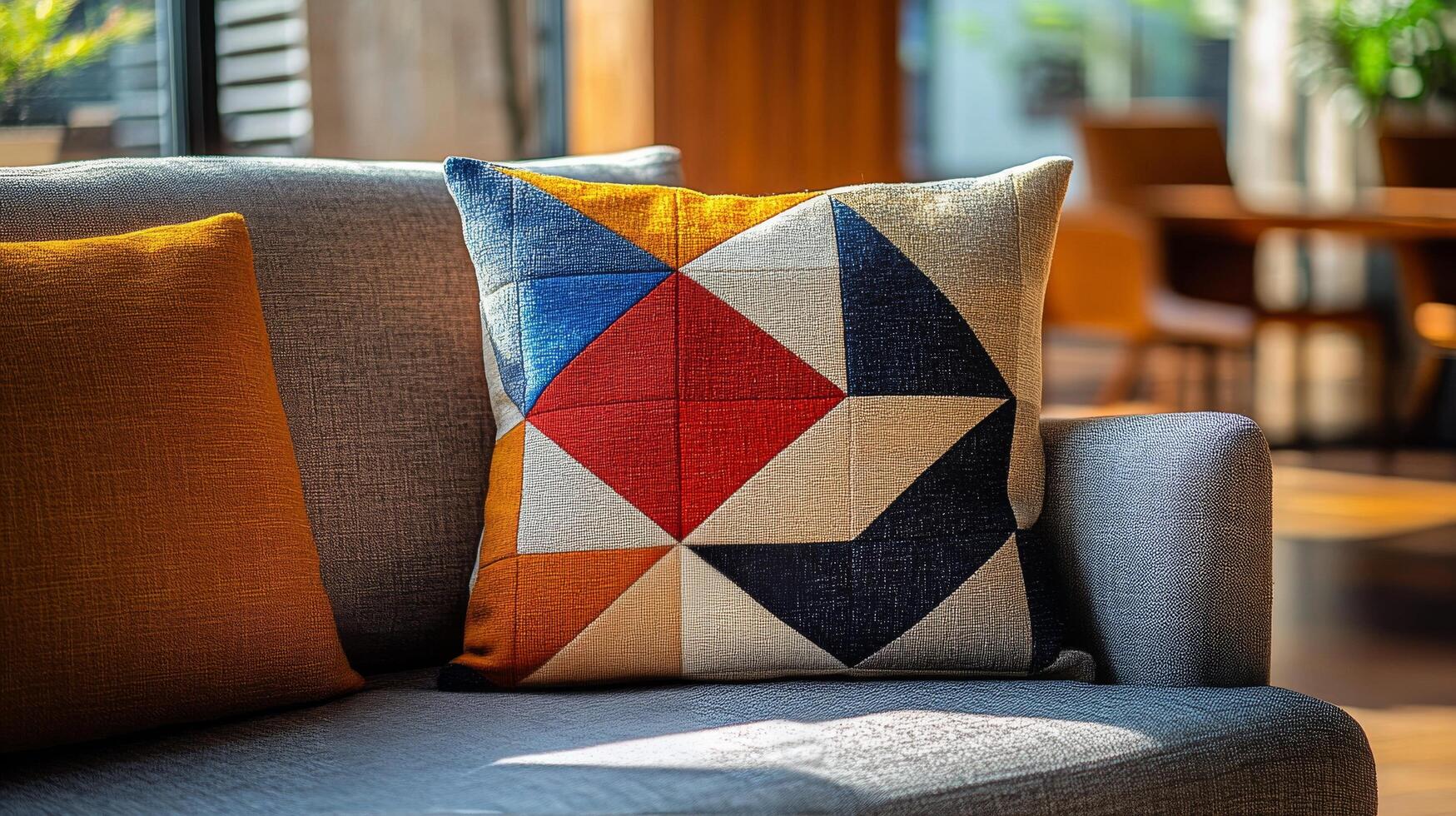 A colorful cushion sits on a couch photo