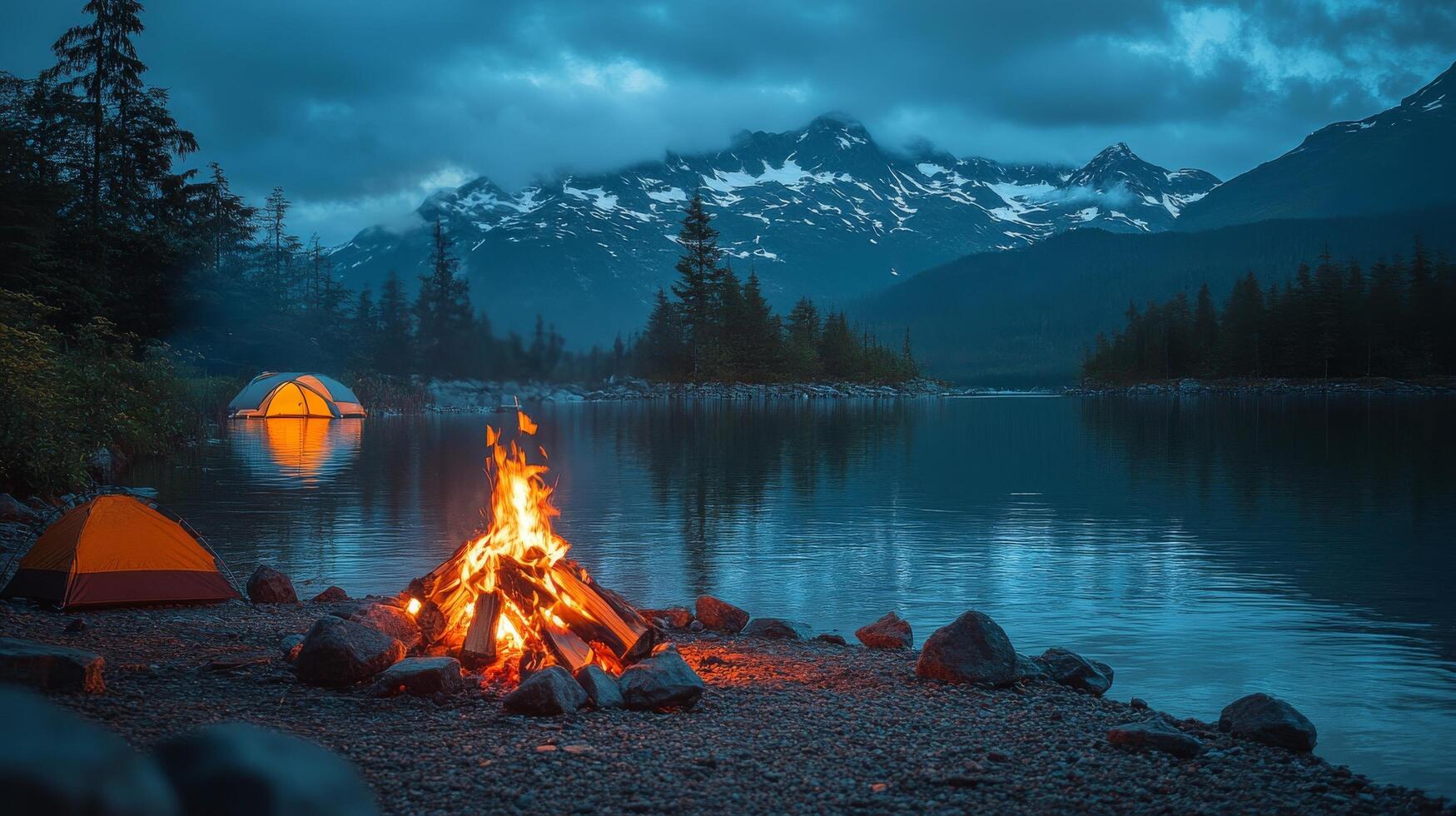 Campfire and tent in front of a lake at night photo