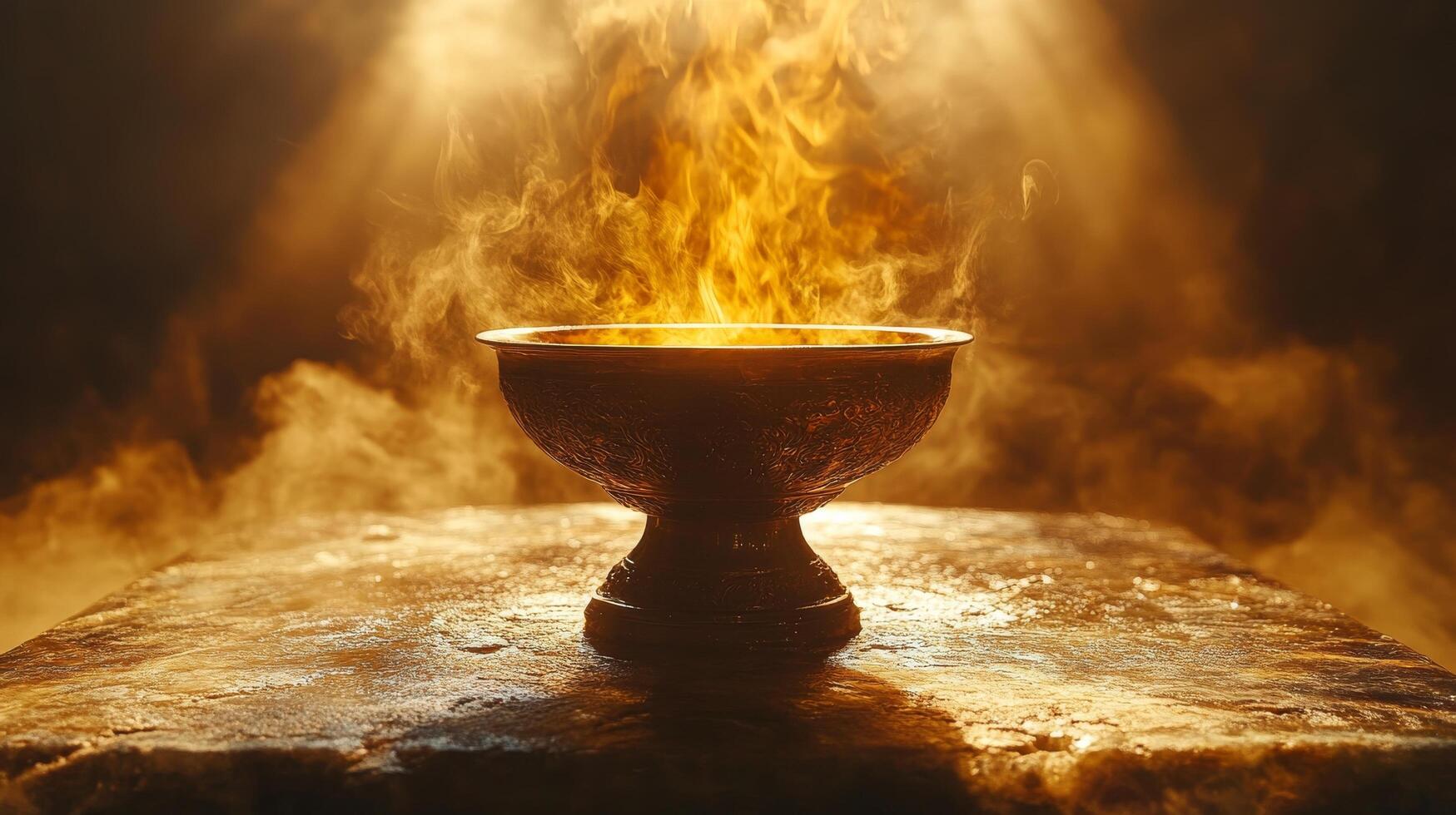 A golden cup with fire coming out of it photo
