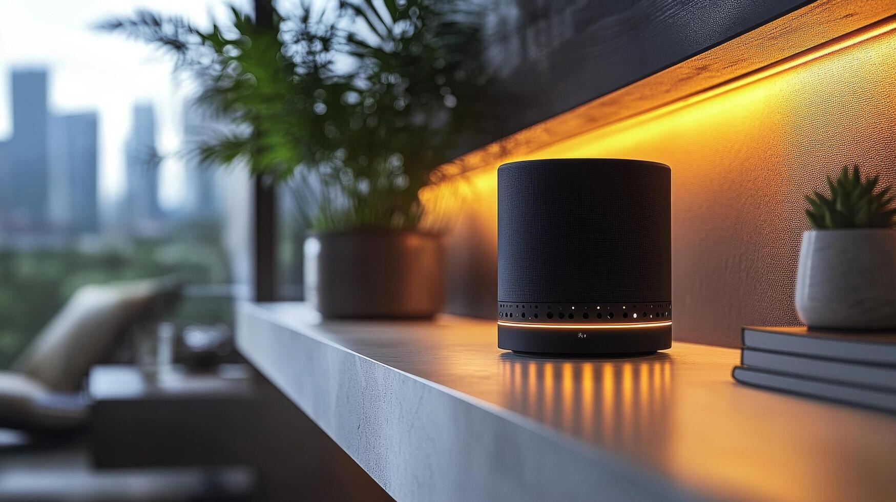 A smart speaker sits on a shelf in a room photo