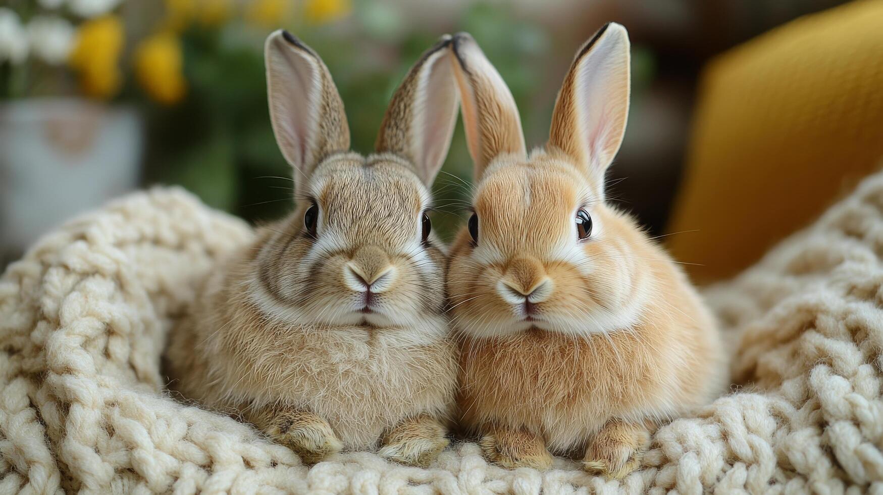 Two rabbits sitting on a blanket photo