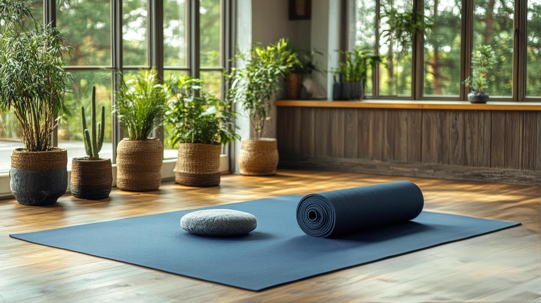 Yoga mat and yoga mat in a room with plants photo