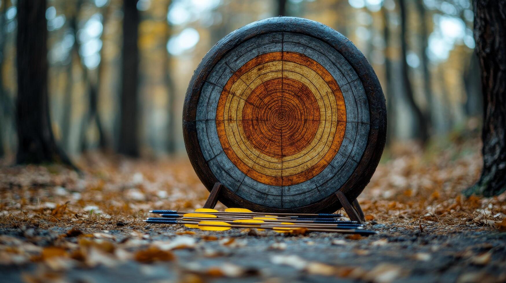 An arrow and target in the middle of a forest photo