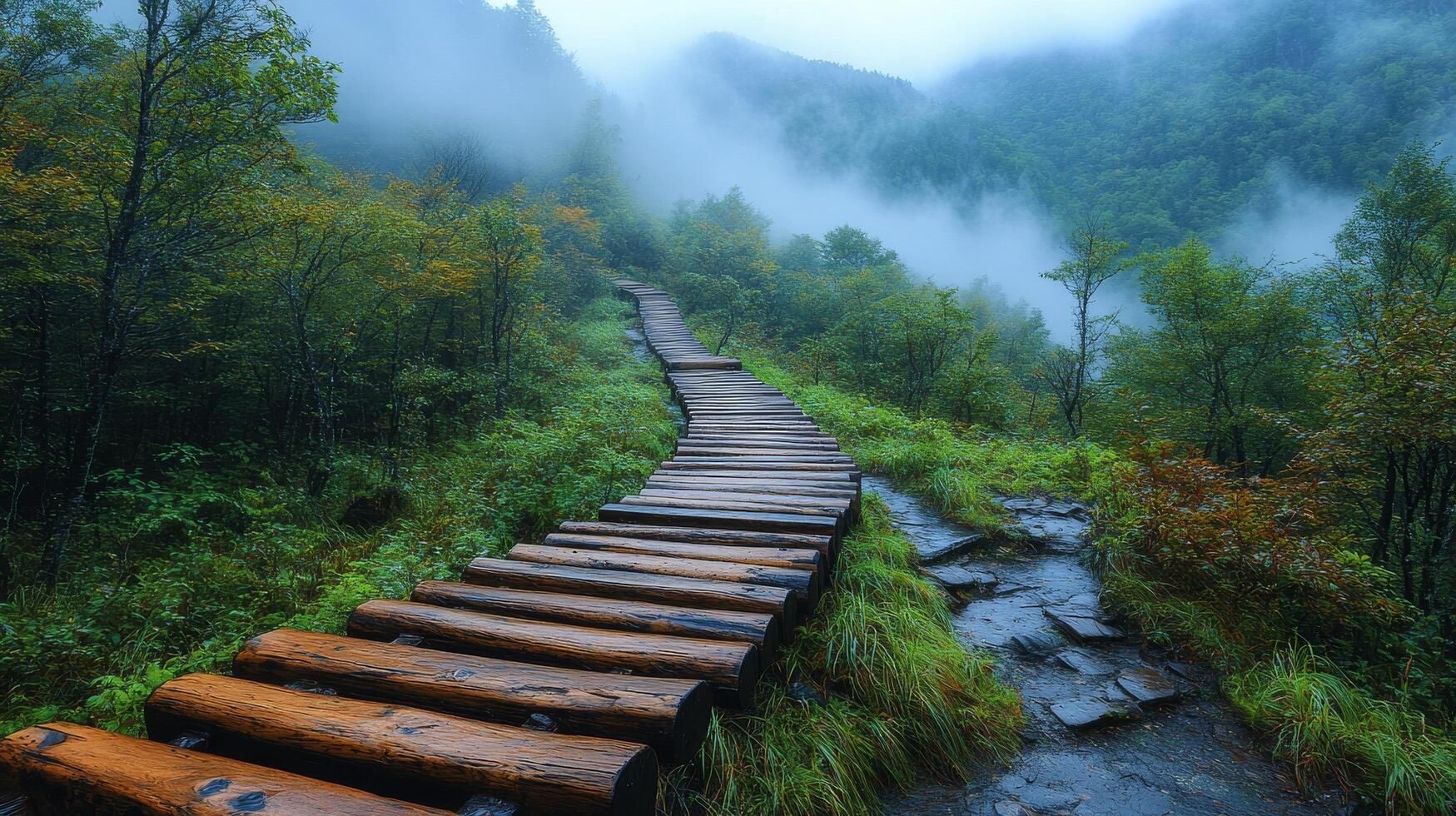 A wooden path leads through the forest to a waterfall photo