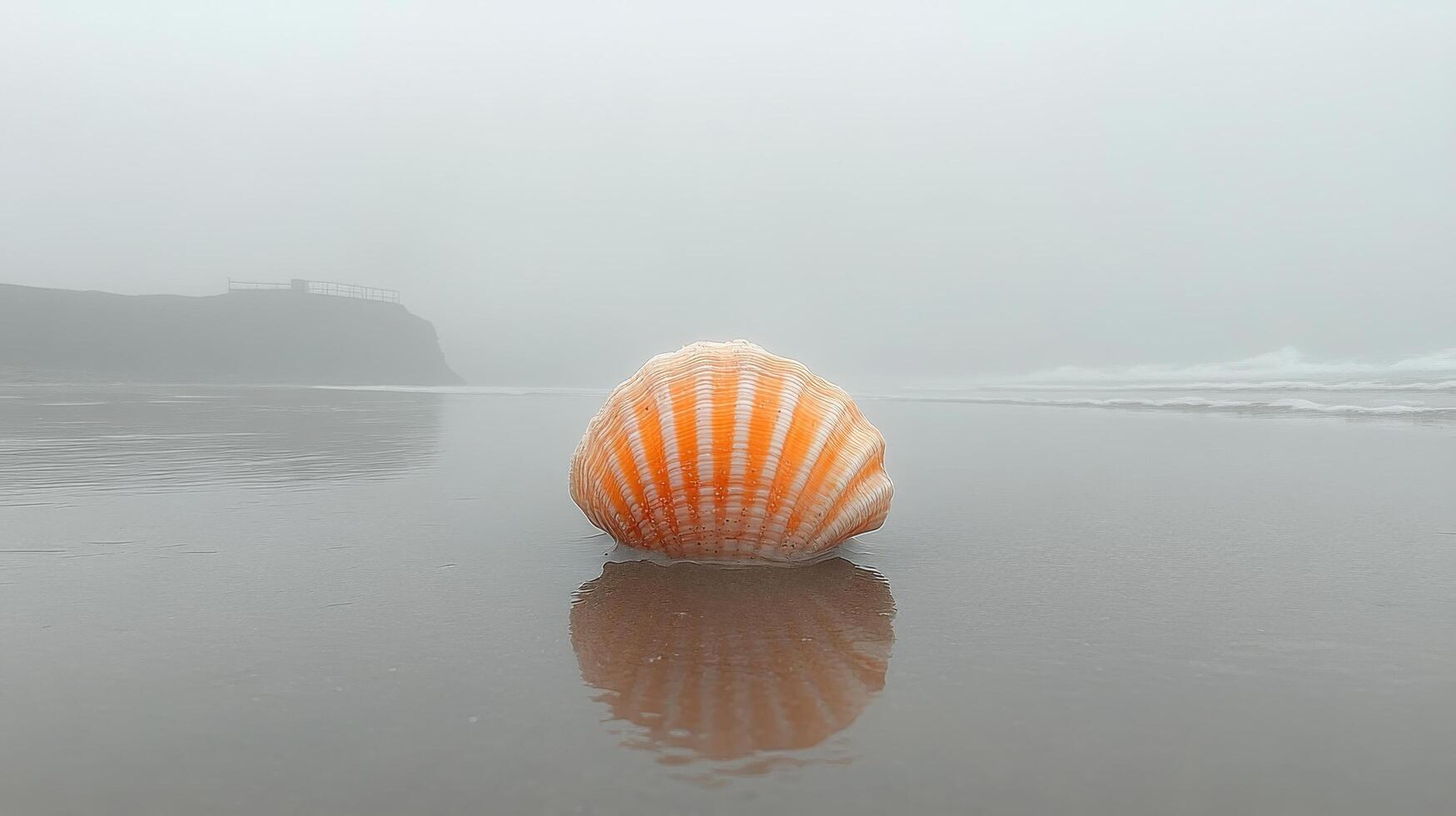A shell on the beach in the fog photo