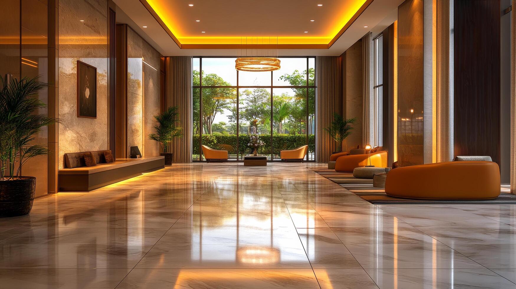 The lobby of a luxury hotel with marble floors and large windows photo