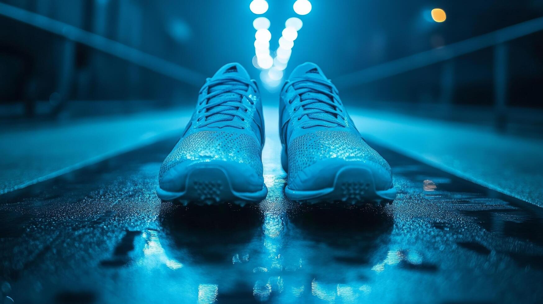 A pair of blue running shoes on a wet surface photo