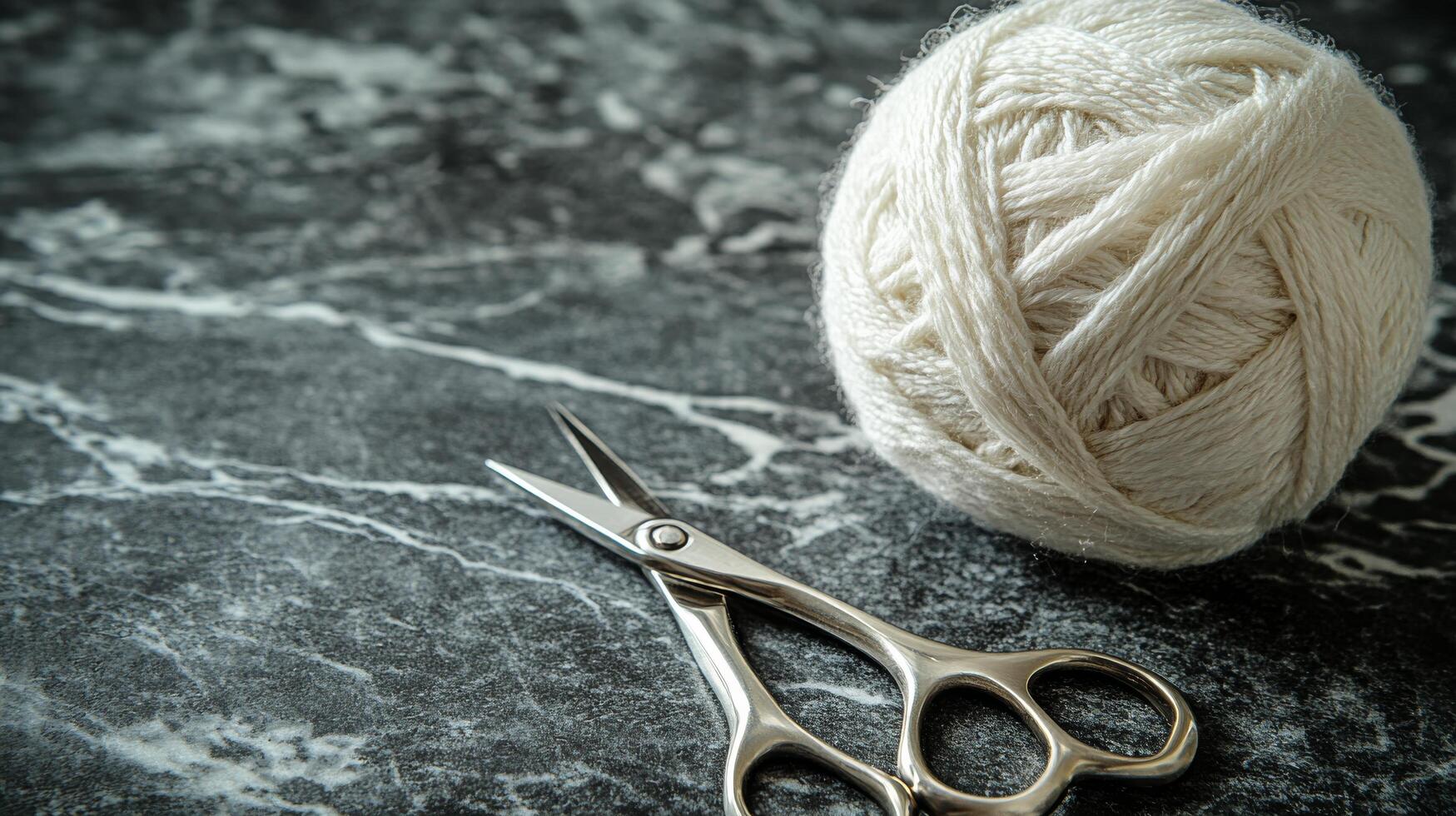 A ball of yarn and scissors on a table photo