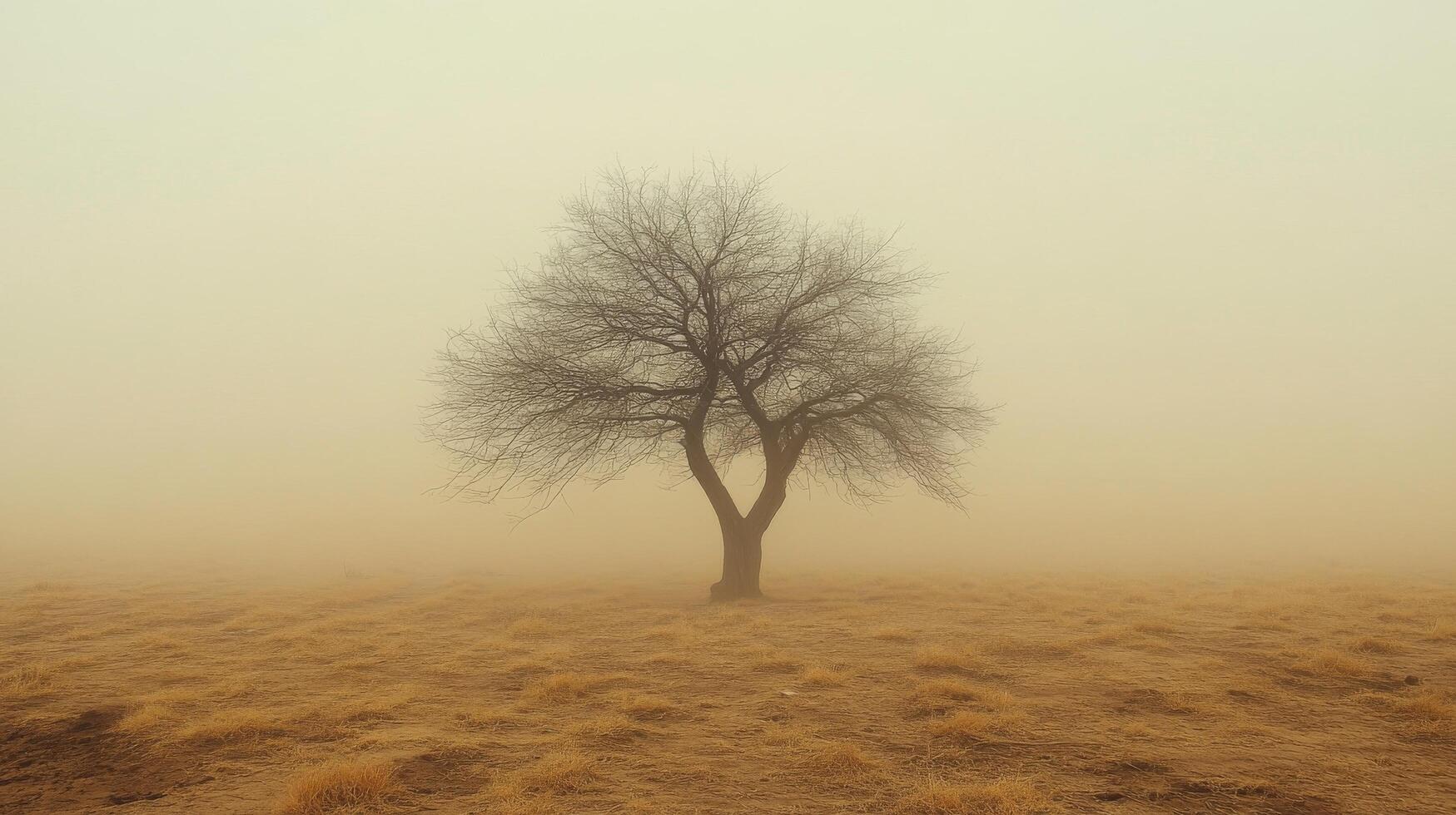 A lone tree stands in the middle of a foggy field photo
