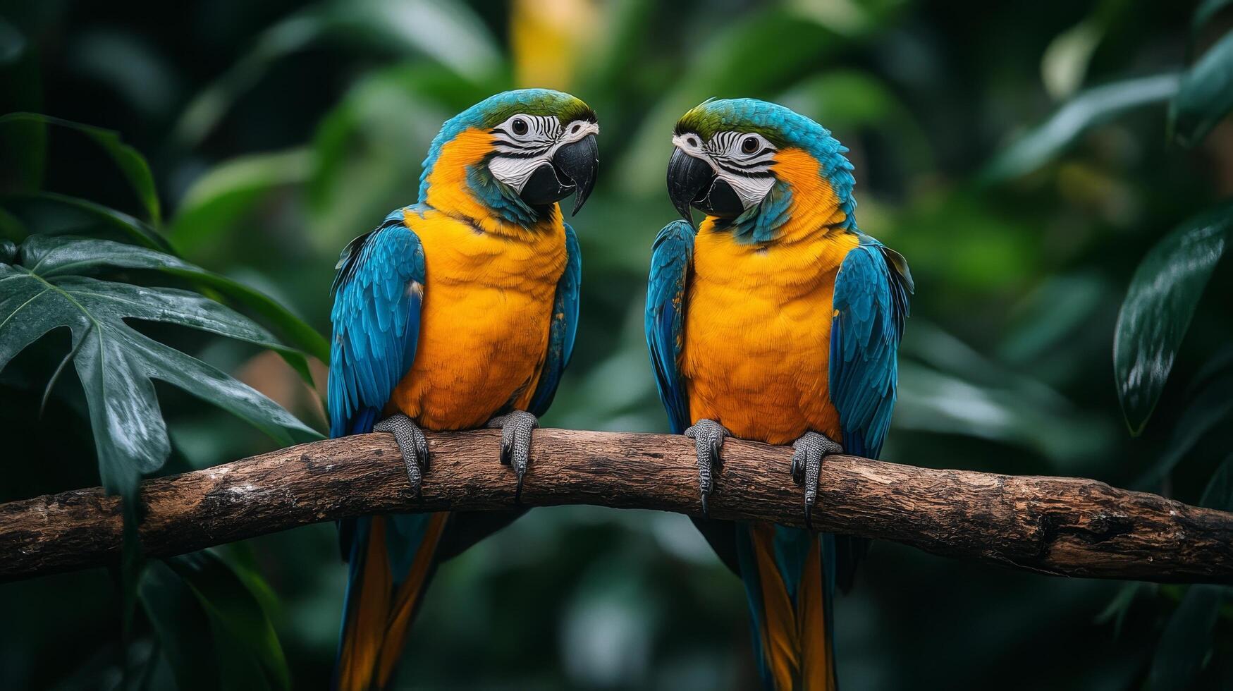 Two blue and gold macaws sitting on a branch photo