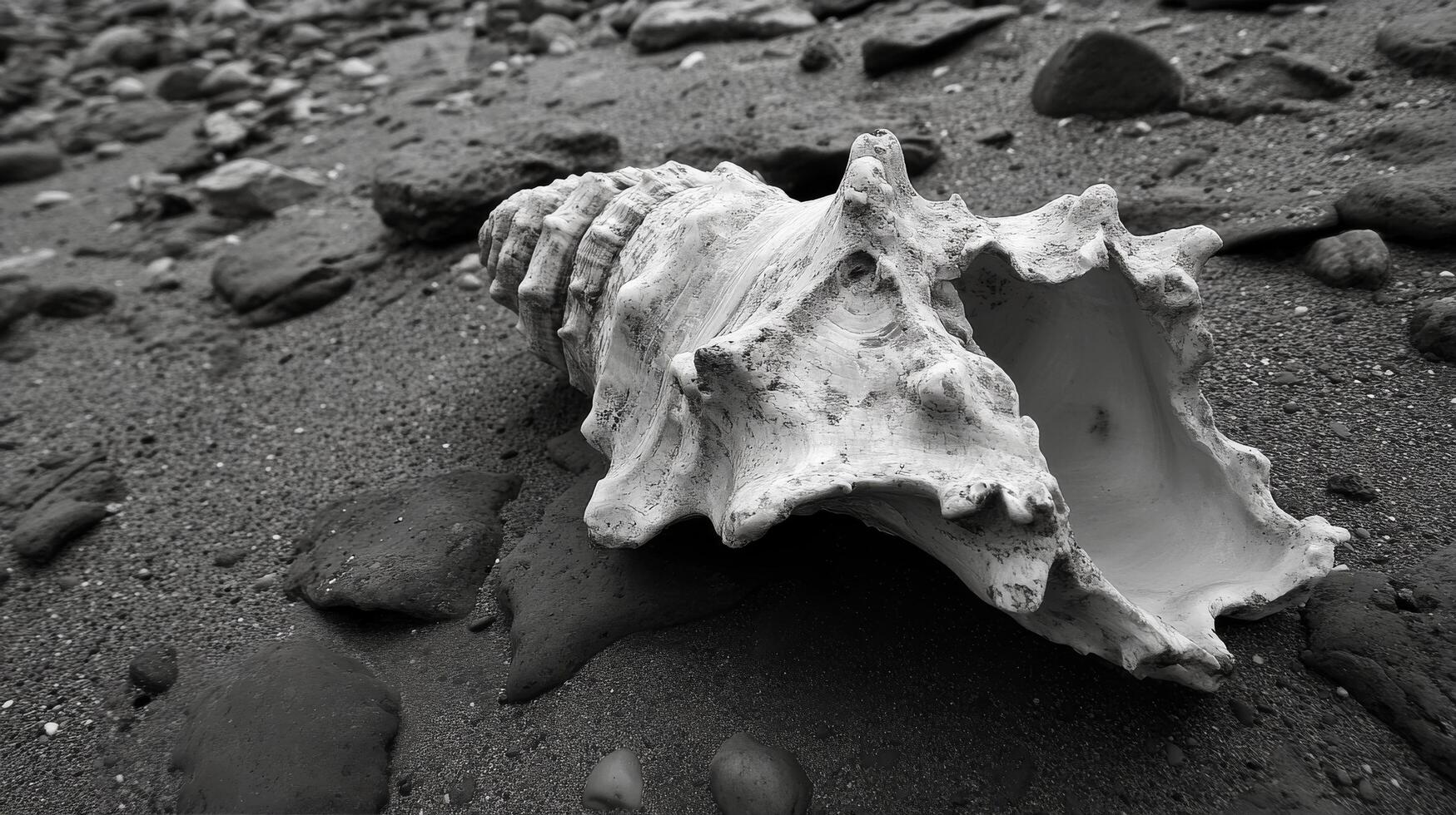 A black and white photo of a shell on the beach