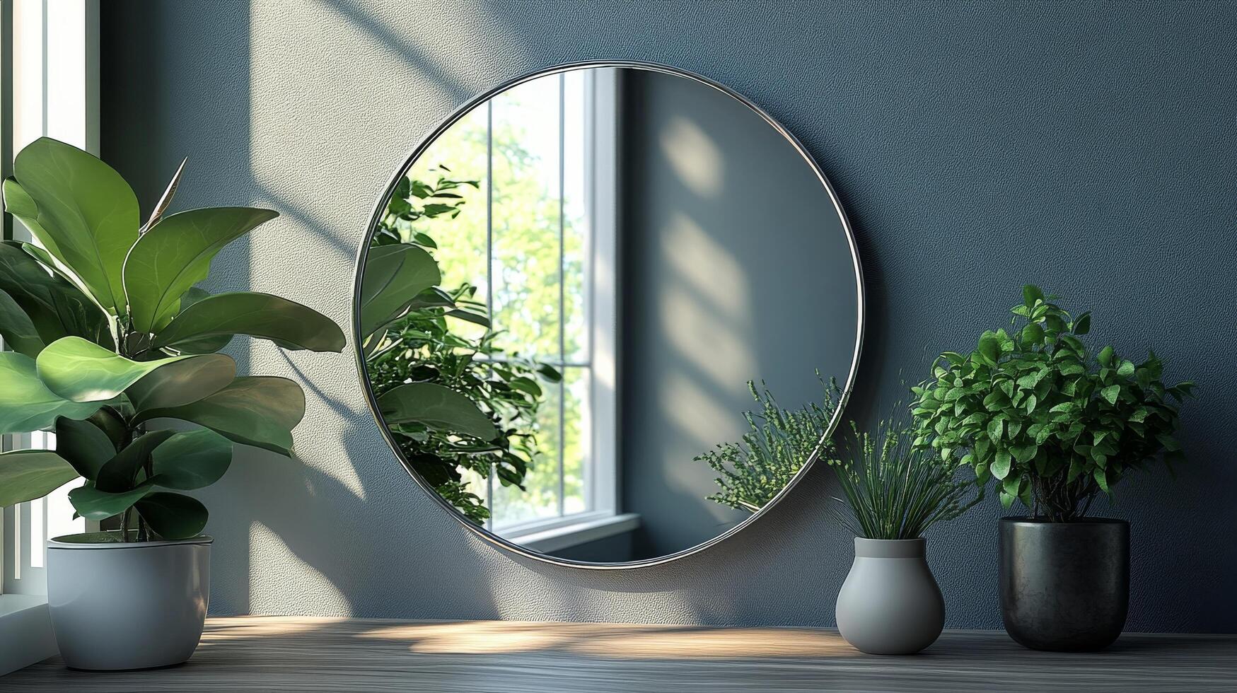 A round mirror on a wall near a window photo