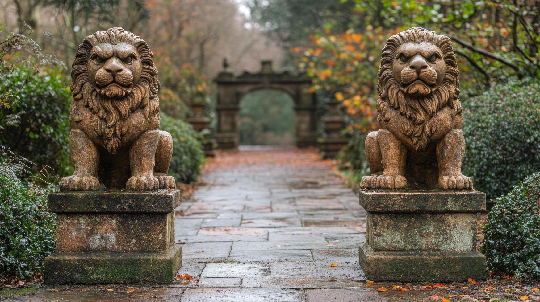 Two lion statues on a path in a park photo