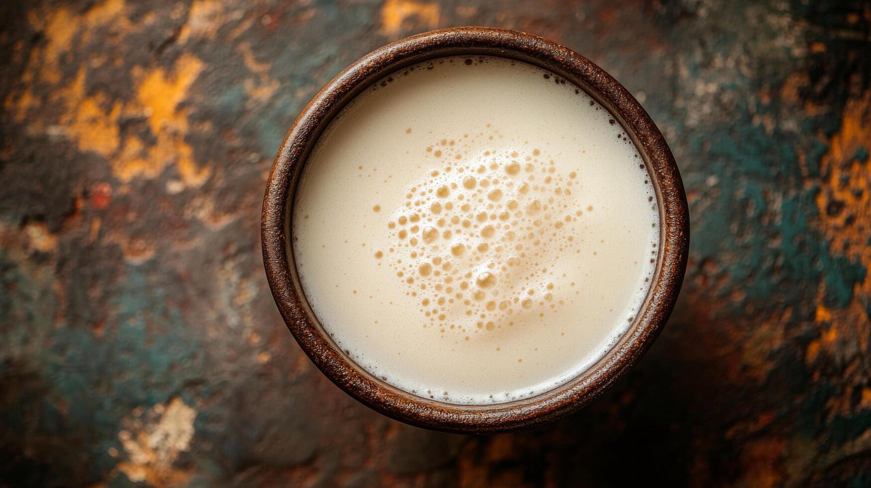 A bowl of milk sits on a wooden table photo