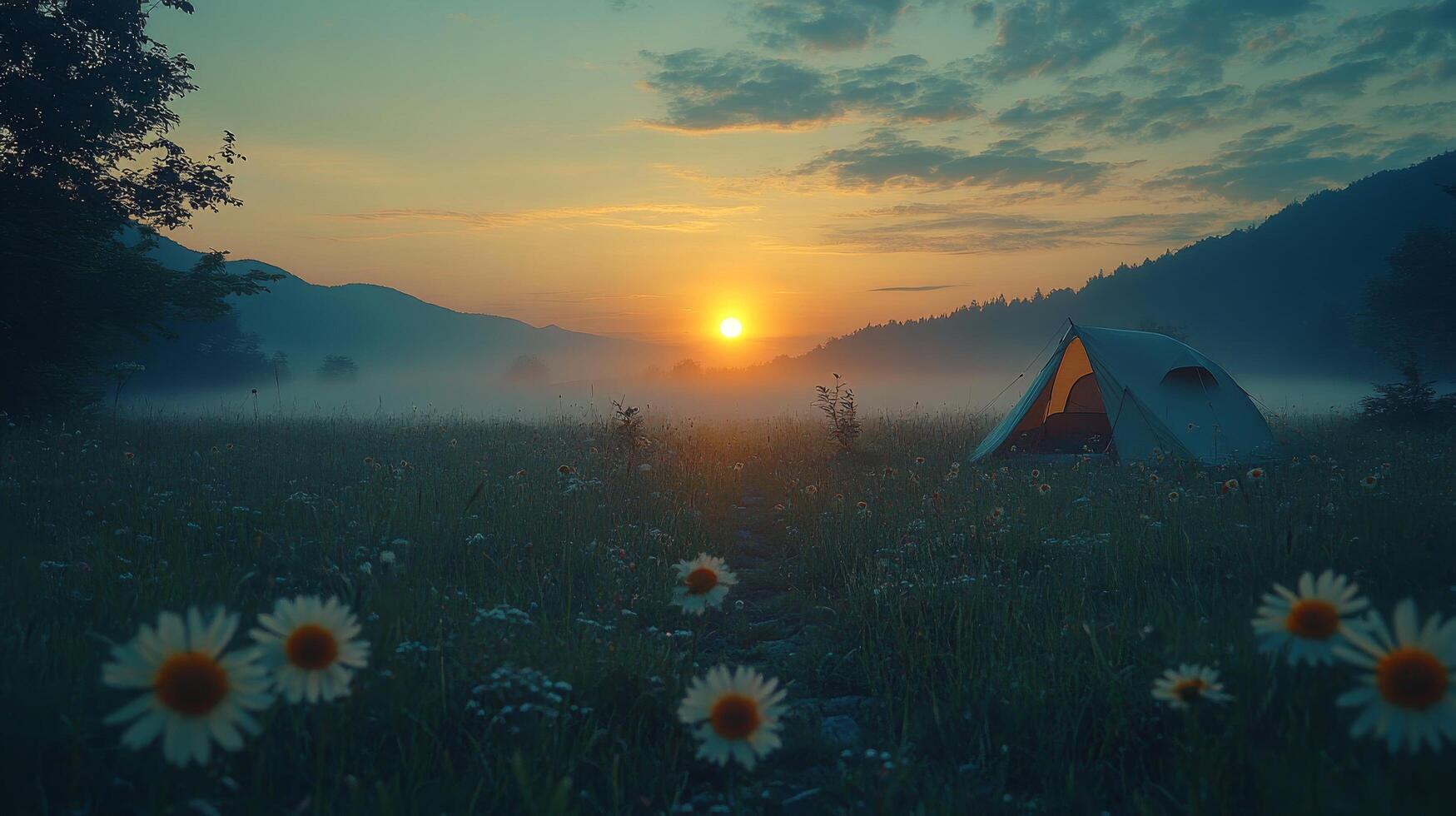 A tent in a field with flowers and a mountain in the background photo
