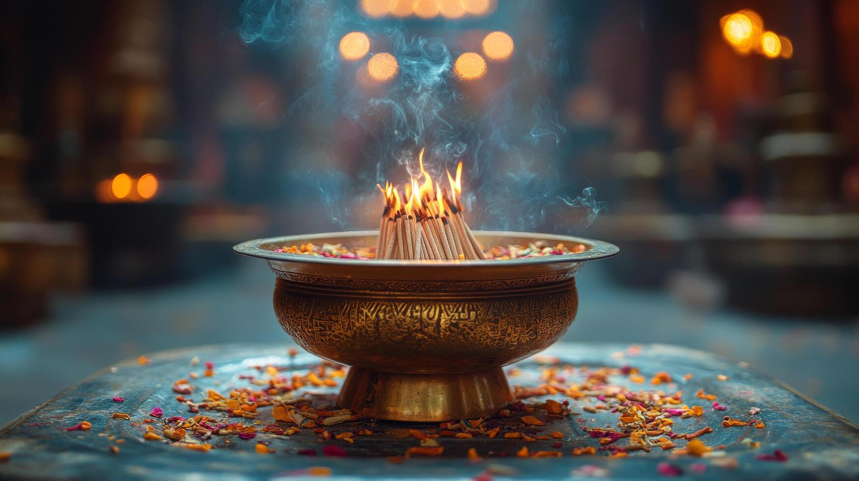 An incense burner with burning incense sticks photo