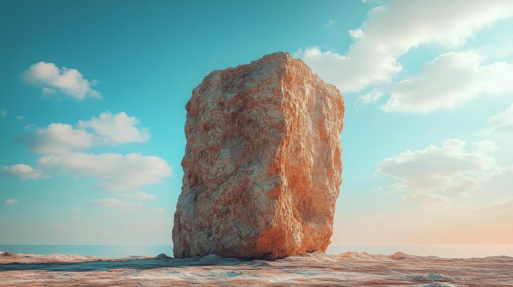 A rock in the desert with a blue sky photo