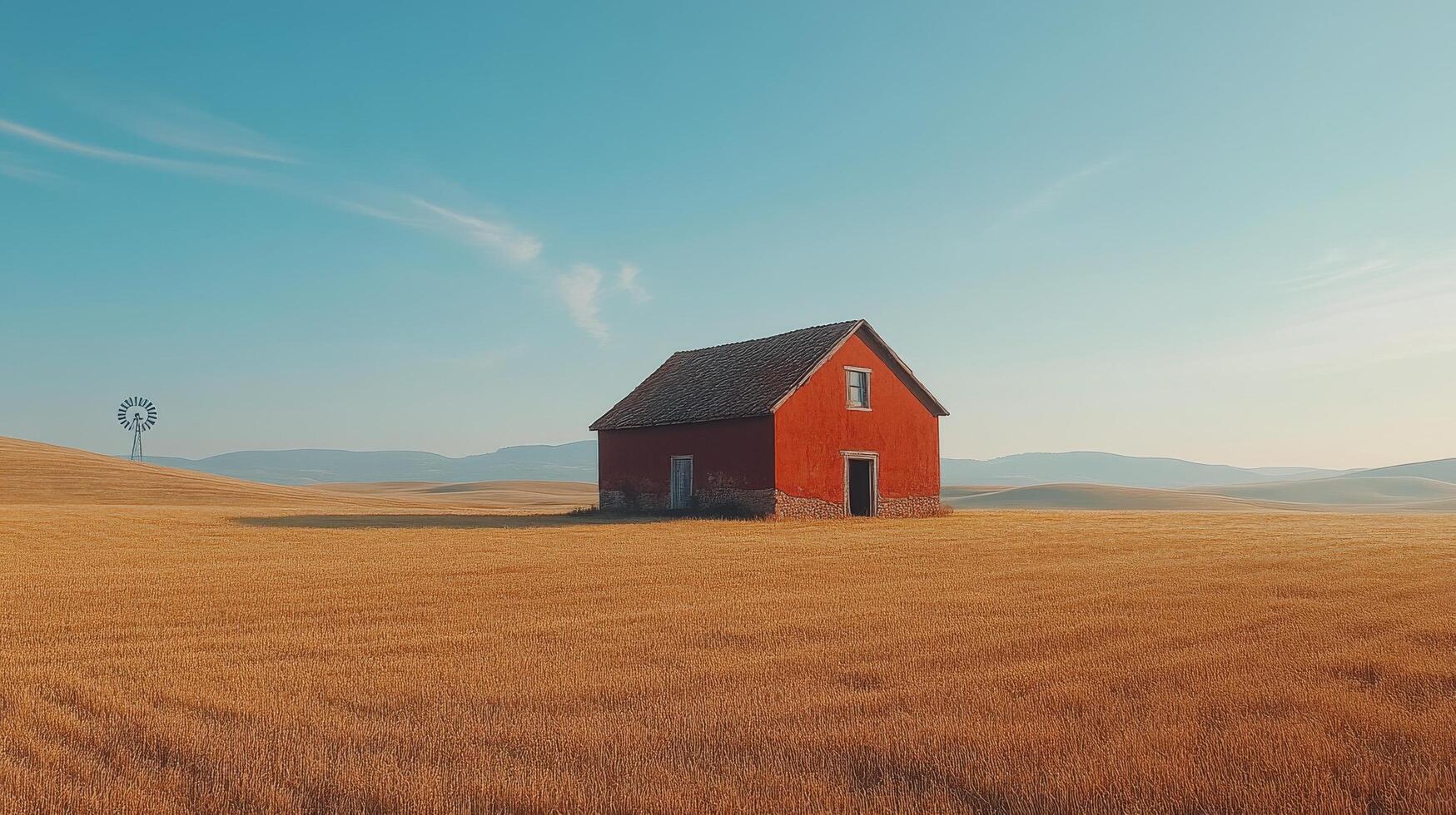 A red house in a field with a windmill photo
