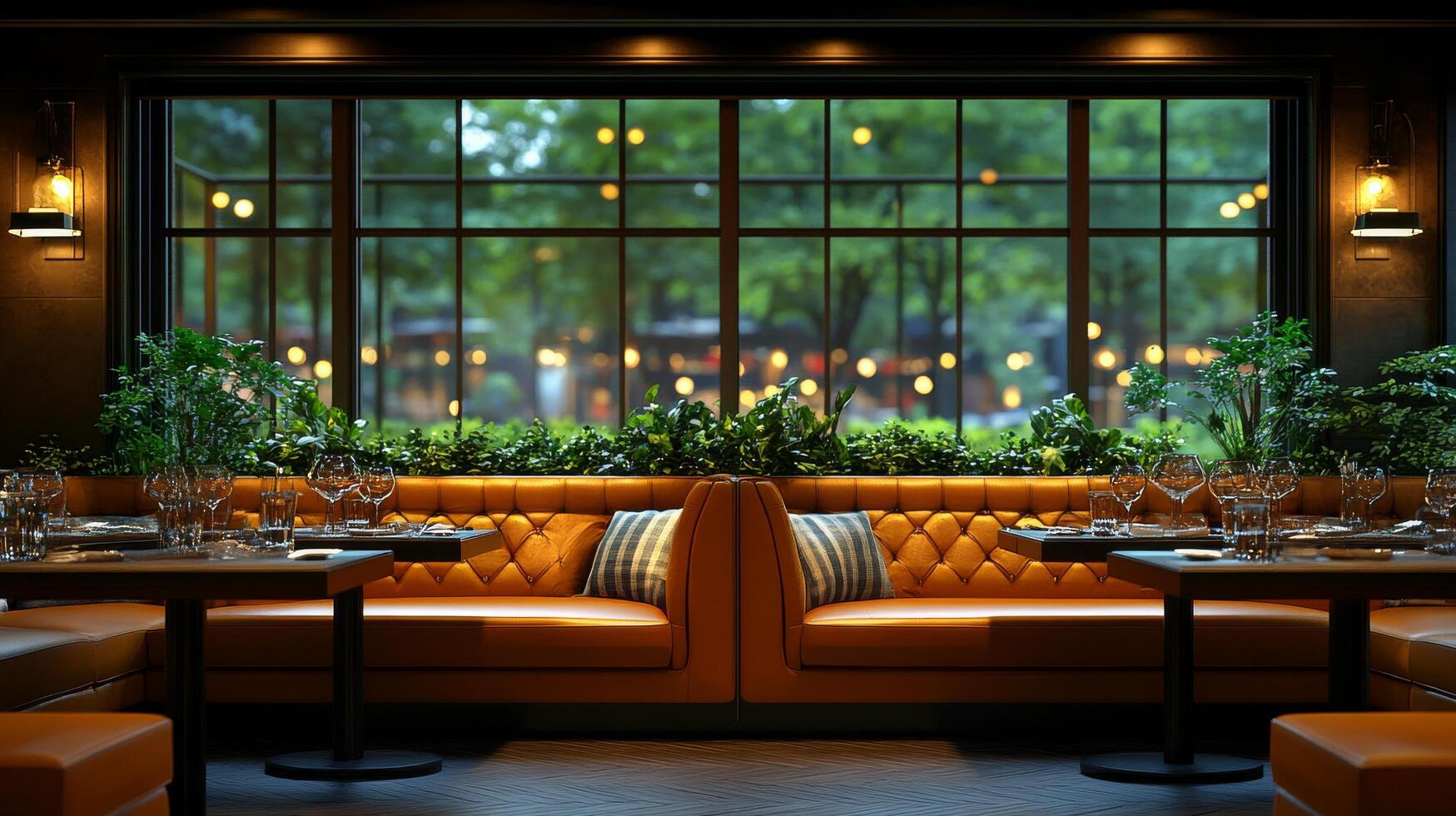A restaurant with orange leather seating and a large window photo