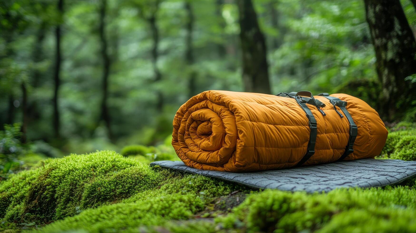 A sleeping bag on a blanket in the woods photo