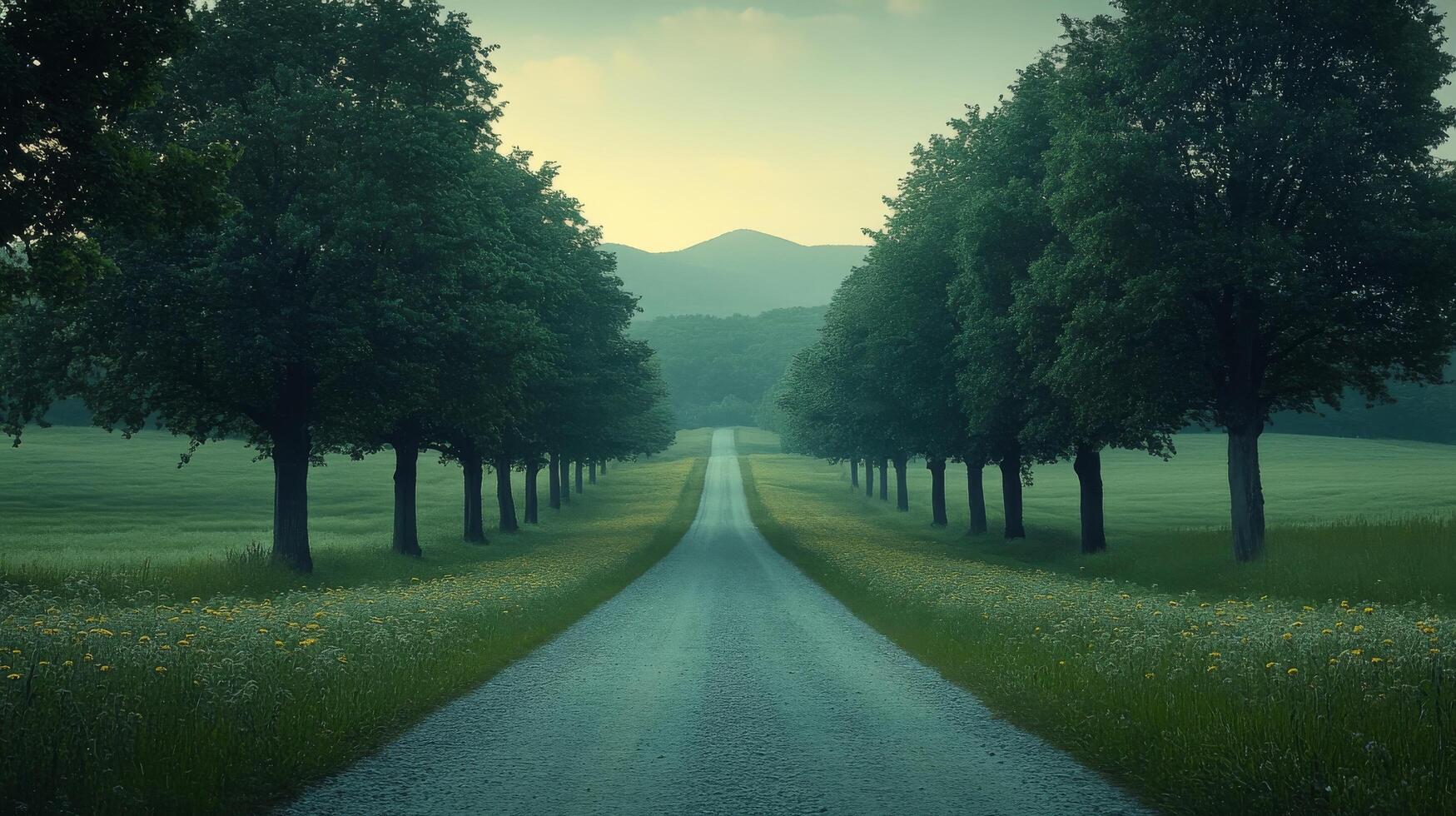 A long road with trees and grass in the middle photo