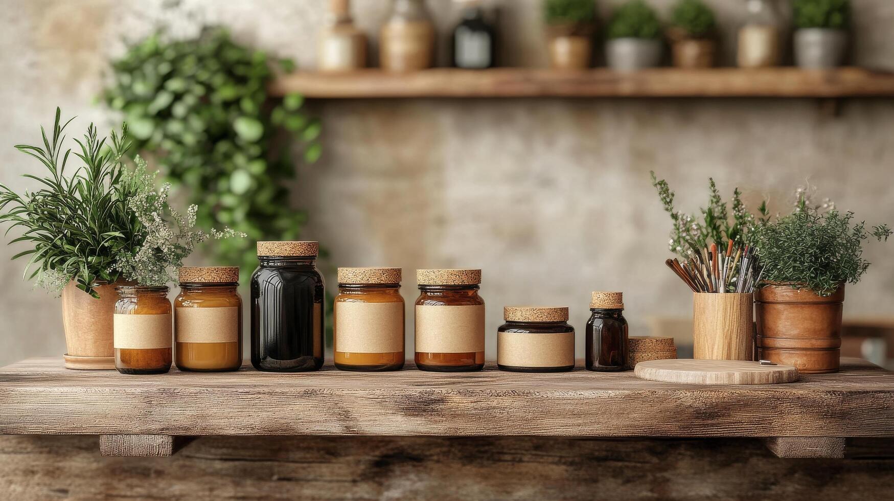 Herbs and bottles on a wooden table photo