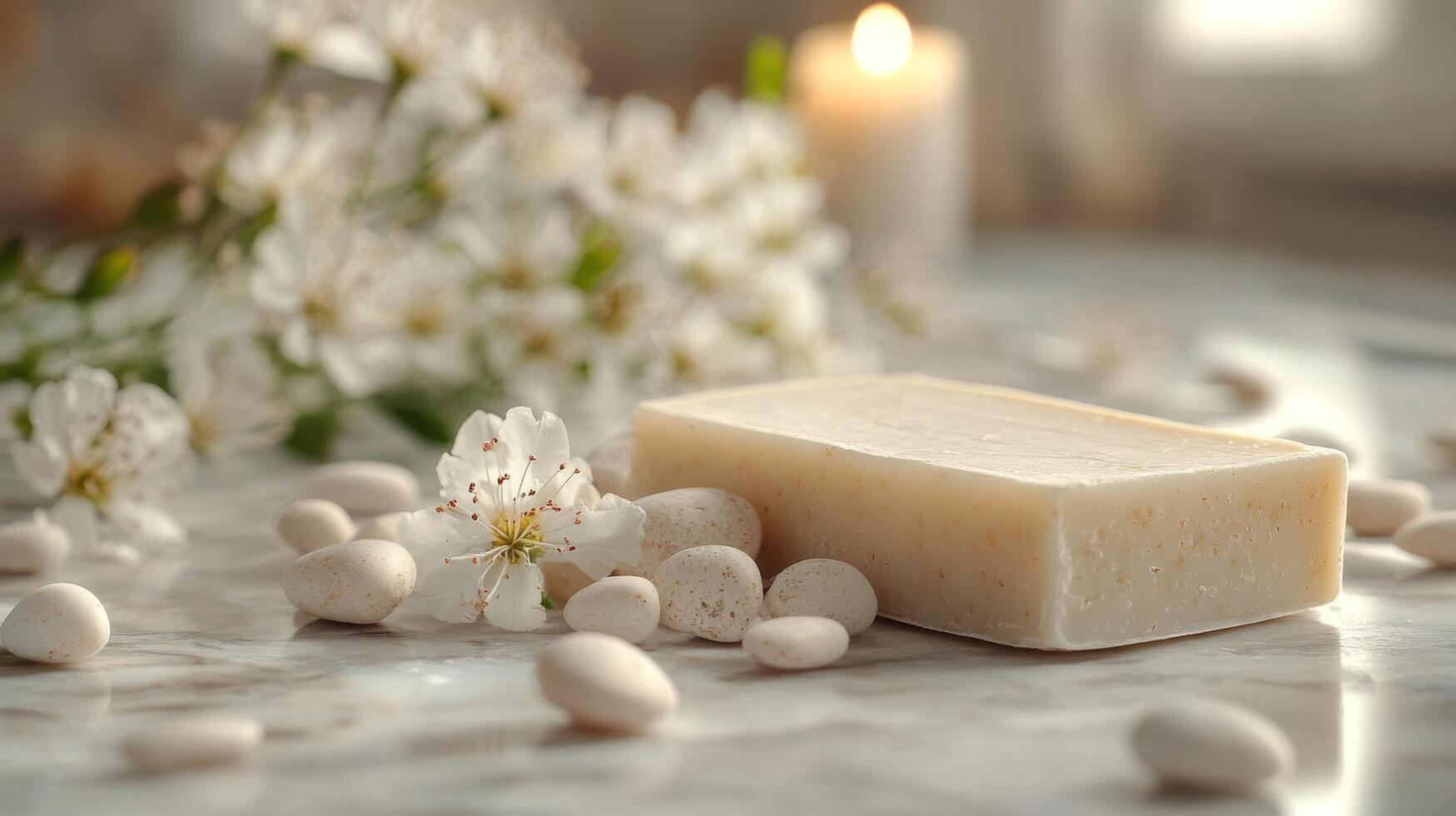 A bar of soap with white flowers and white stones photo