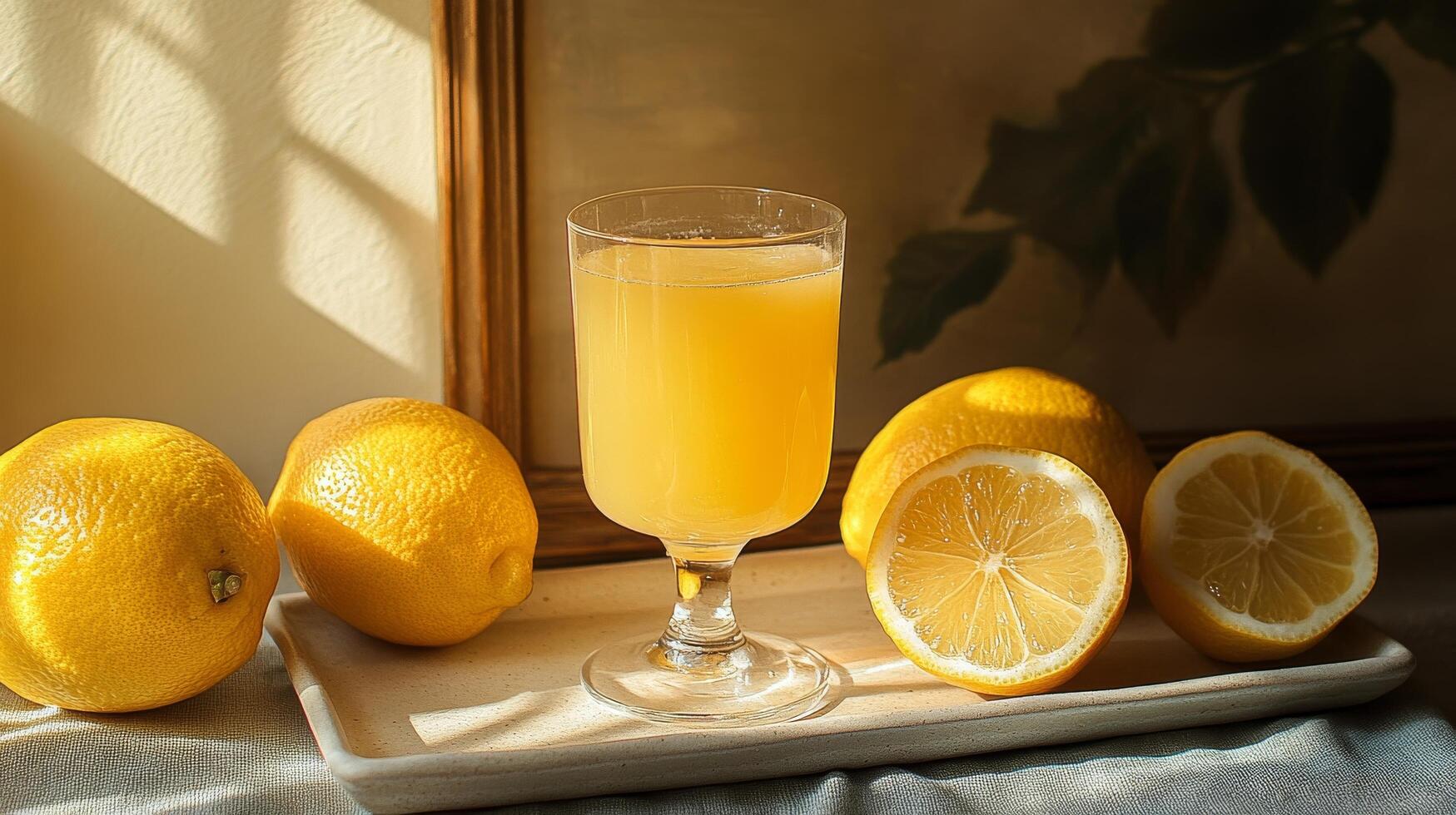 A glass of orange juice on a tray next to a bunch of lemons photo