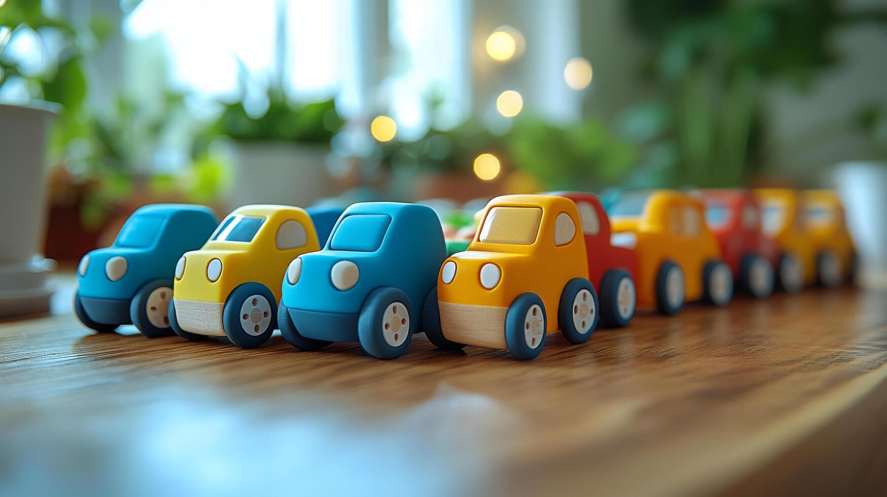 A row of toy cars on a table photo