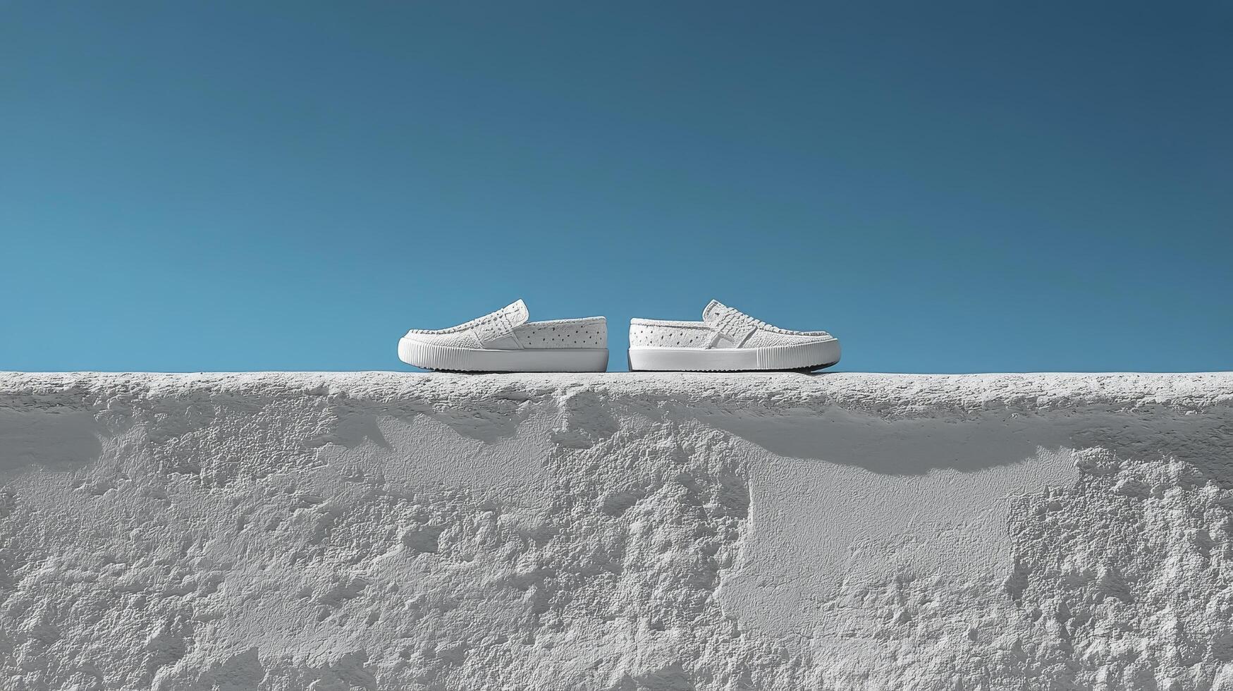 Two white shoes sitting on top of a wall photo