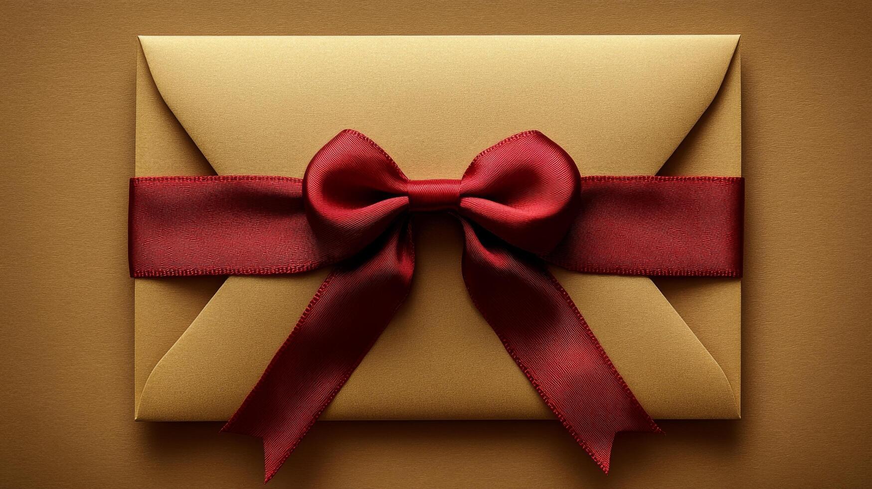 A golden envelope with a red bow on top photo