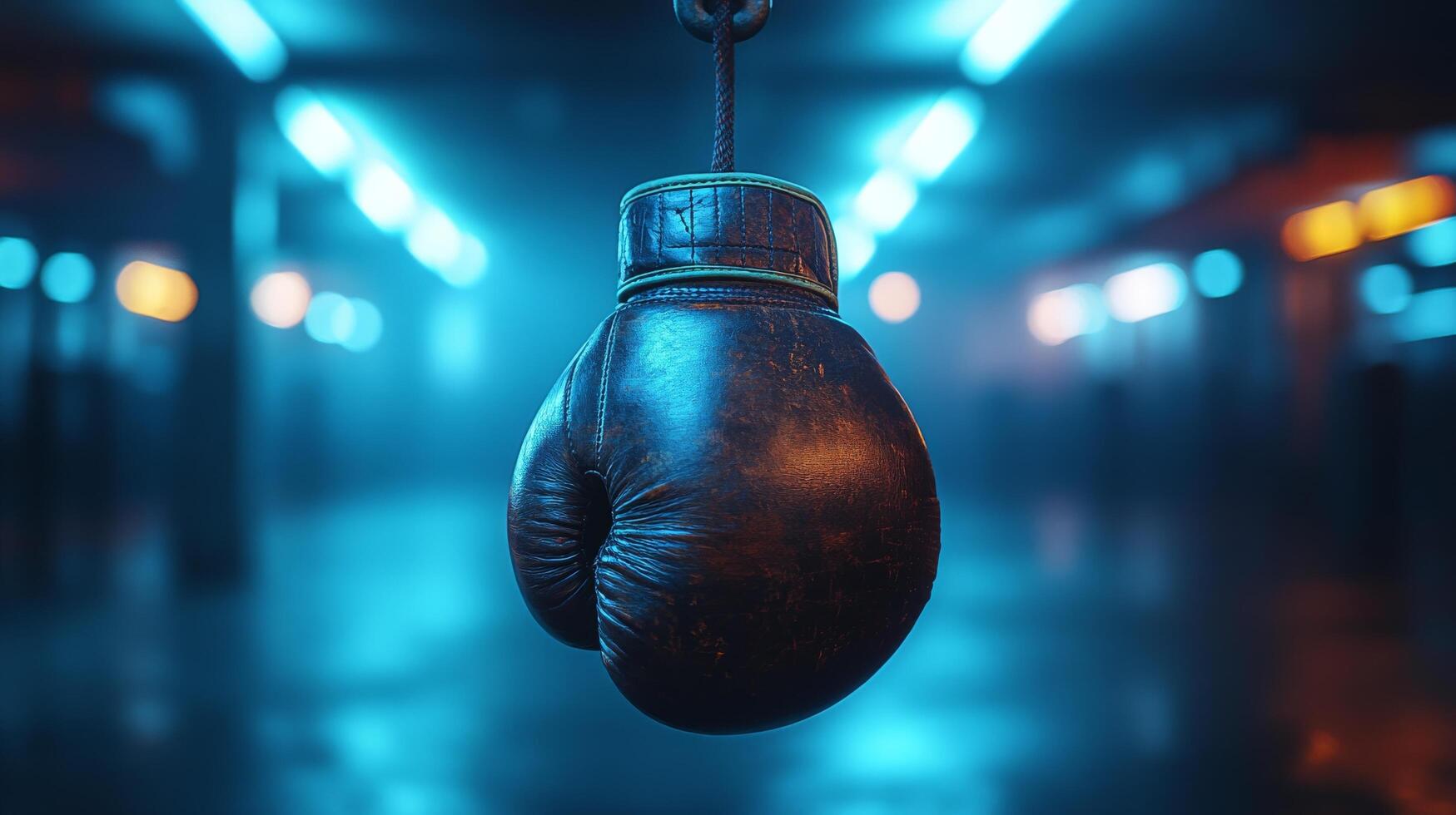Boxing gloves hanging from a chain in a dark room photo