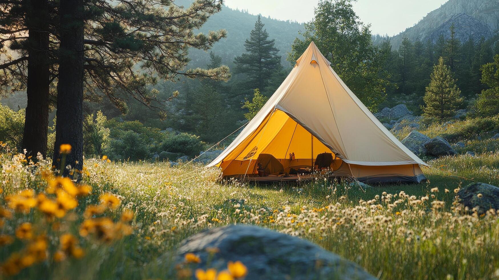 A tent is set up in the middle of a field photo