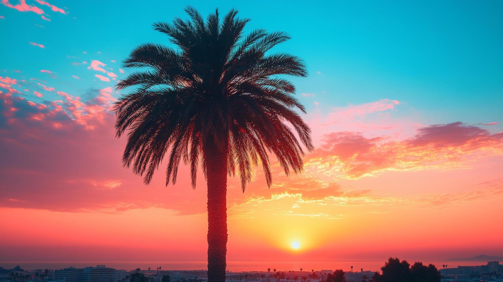 Palm tree in the sunset with colorful sky photo