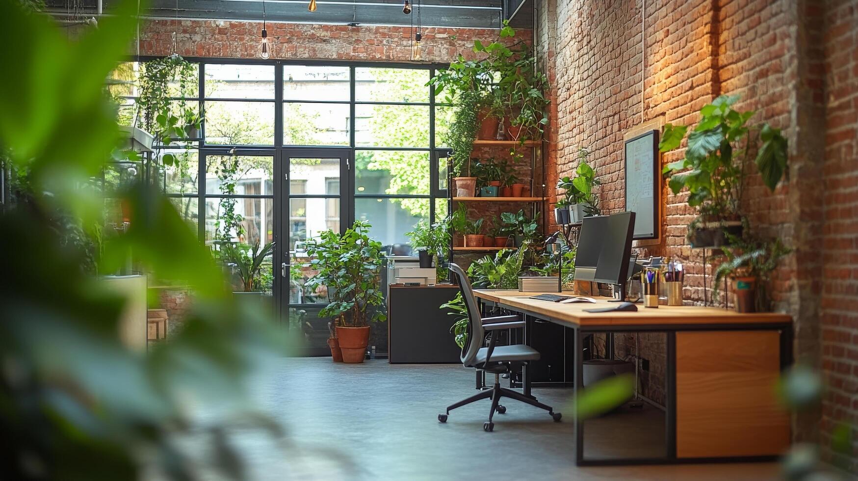 An office with a desk and plants photo