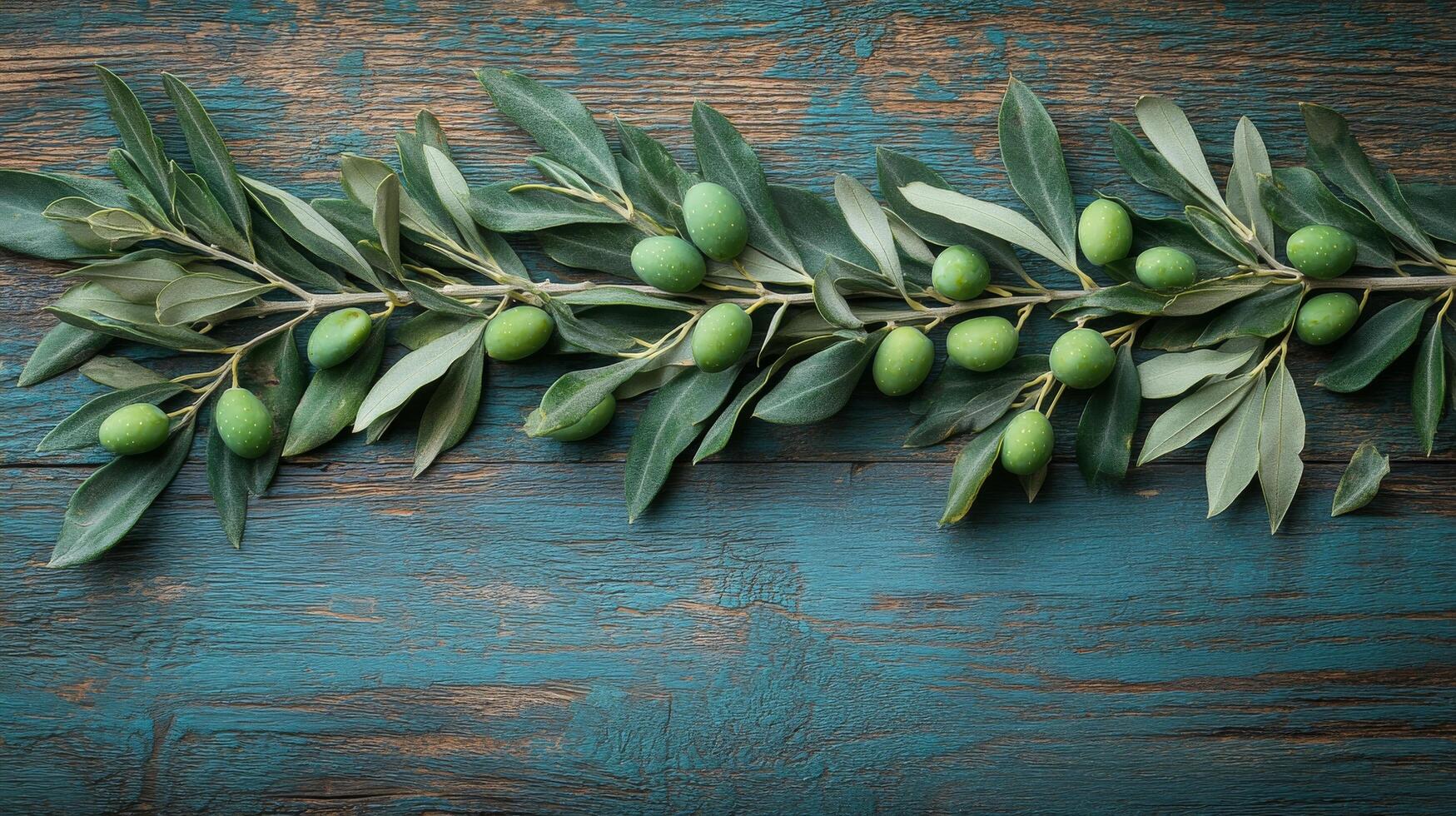 Olives on a branch on a blue wooden table photo
