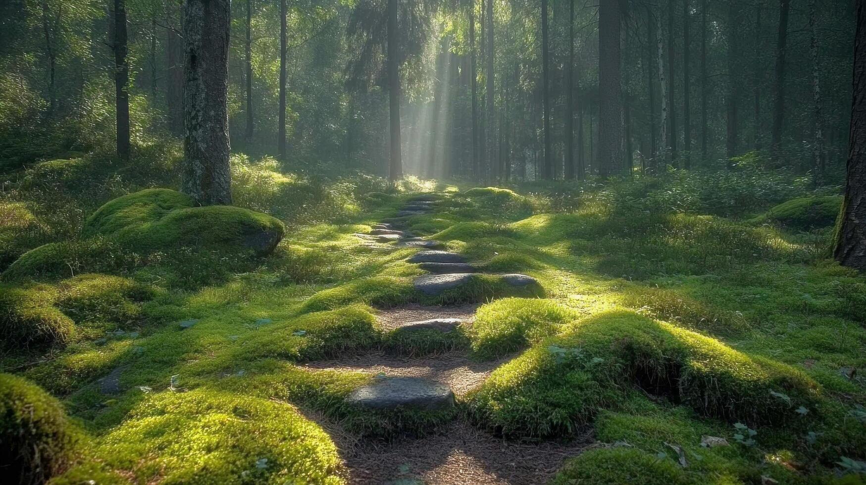 A path through a forest with mossy rocks photo