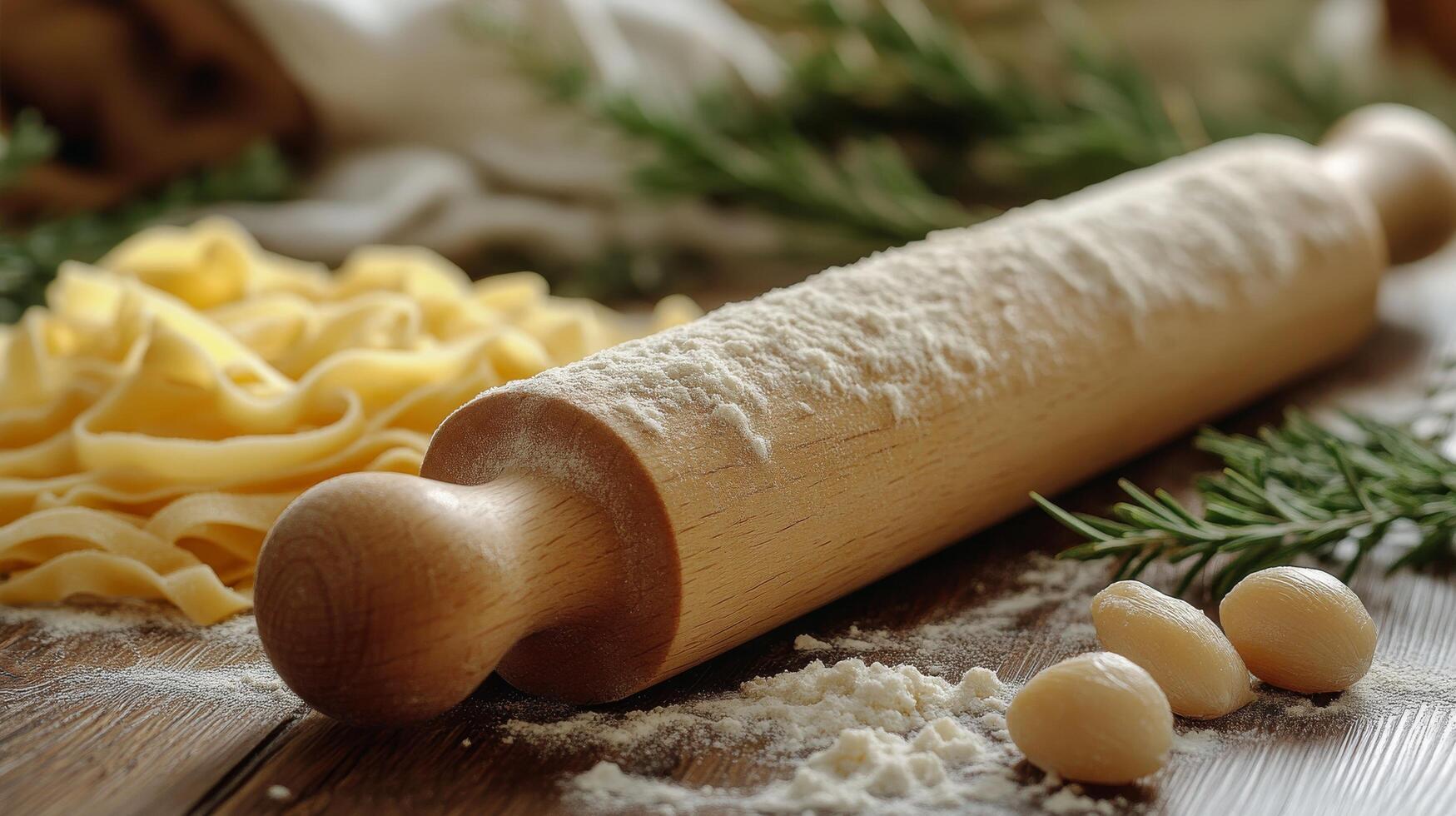 Pasta rolling pin and pasta on wooden table photo
