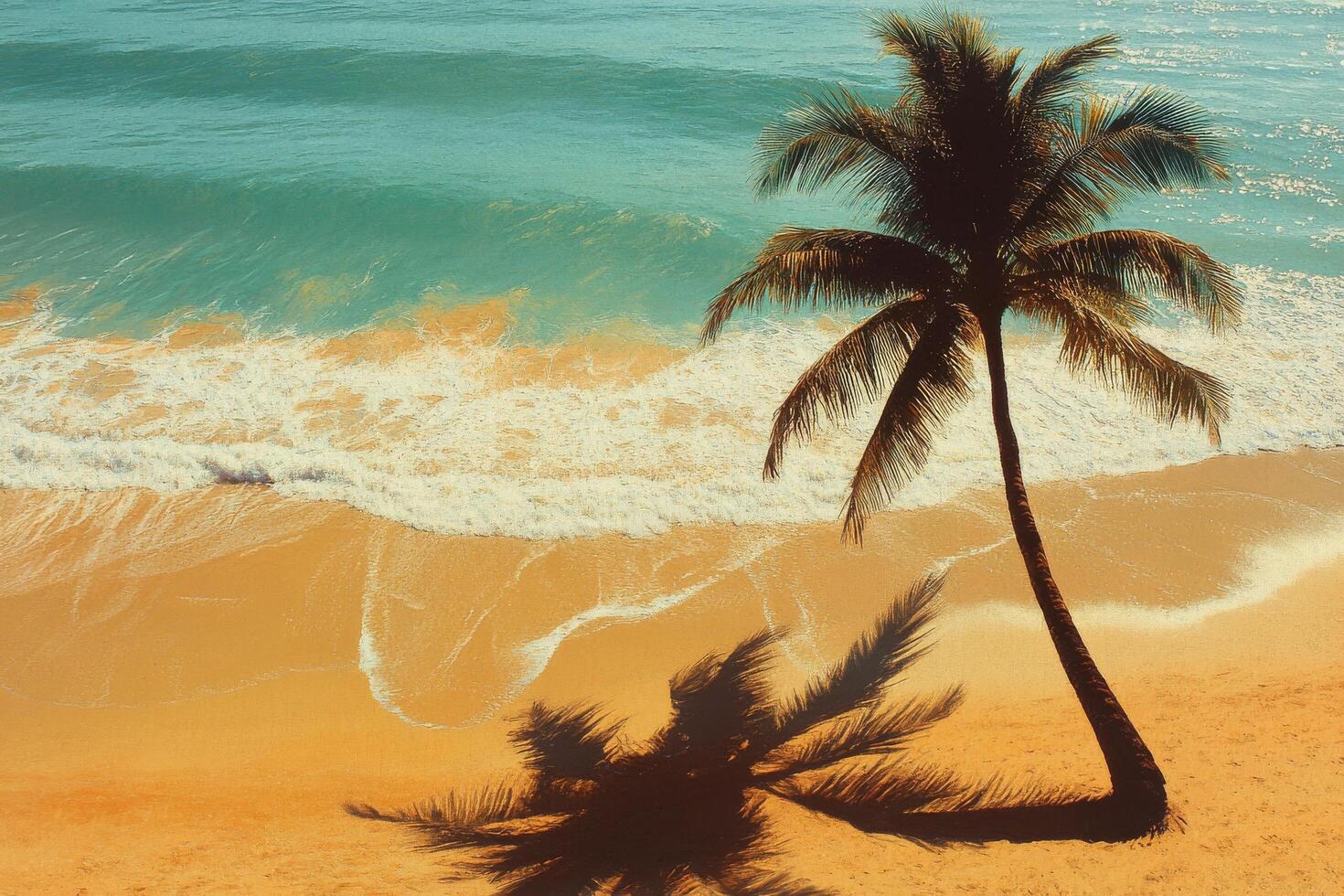 A palm tree on a beach with the ocean in the background photo