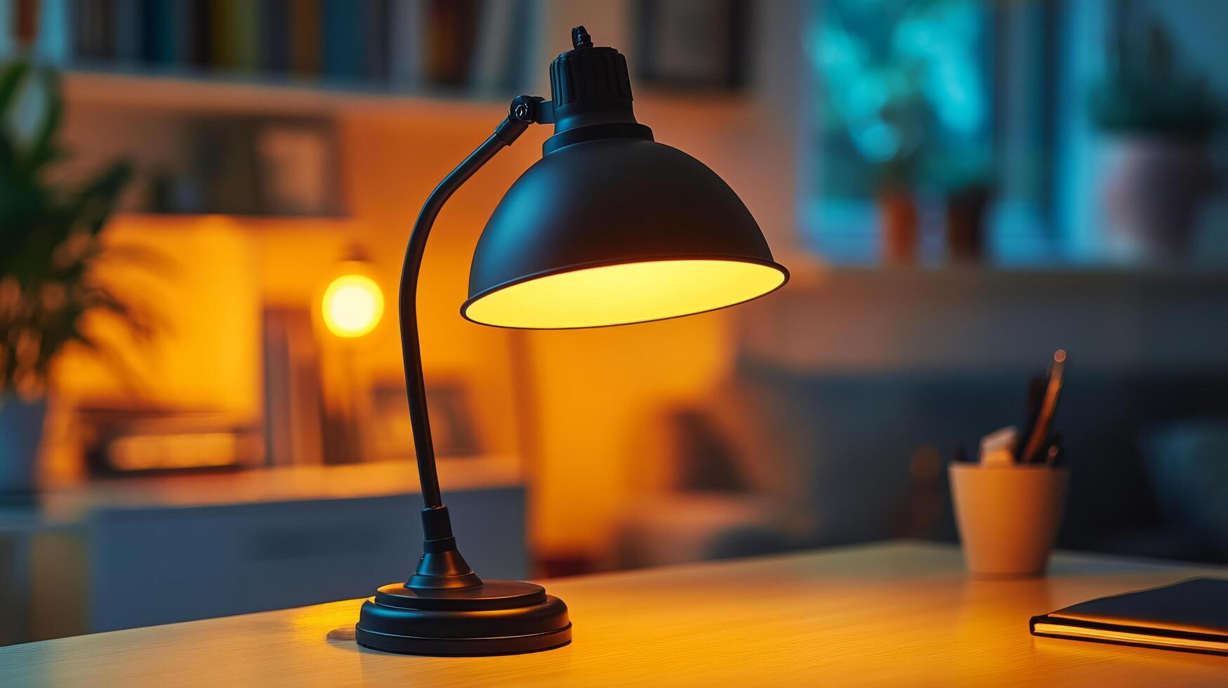 A desk lamp is on a table in front of a book photo