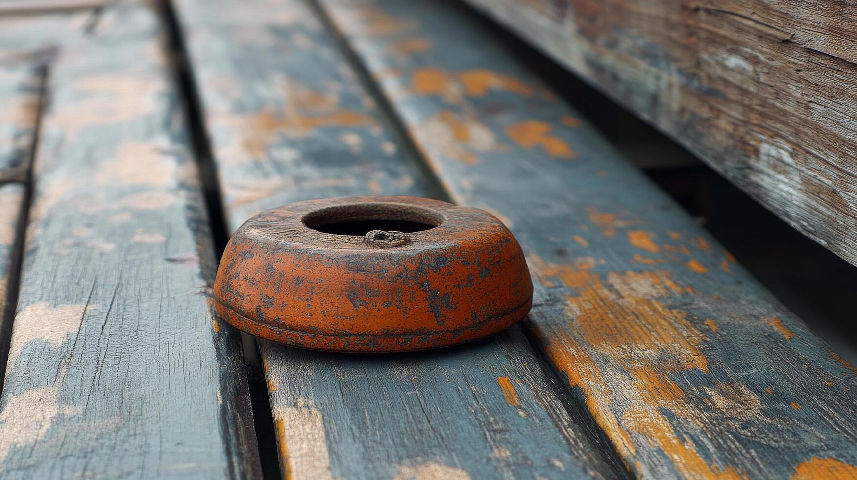 A rusty orange object sitting on a wooden bench photo