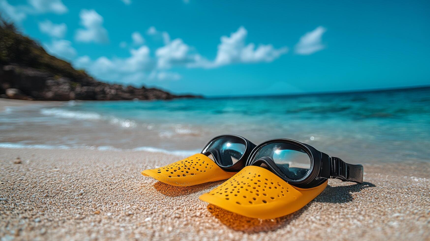 A pair of goggles and a pair of yellow rubber duckies on the beach photo