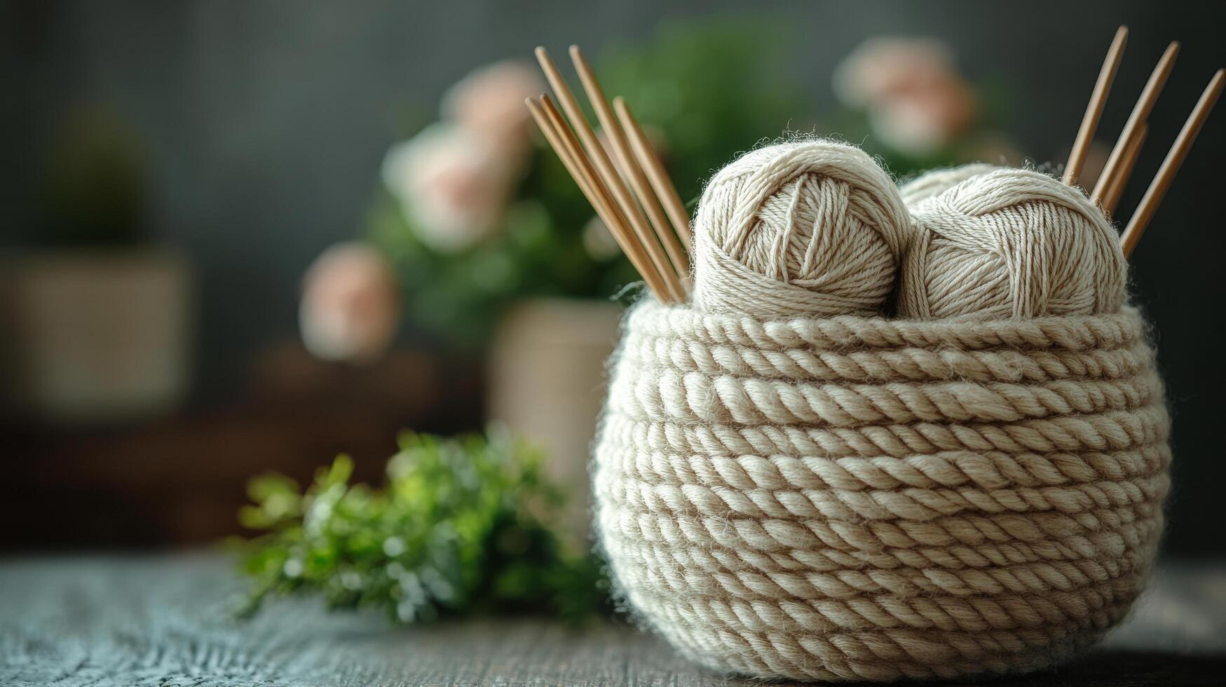 A basket with yarn and knitting needles photo
