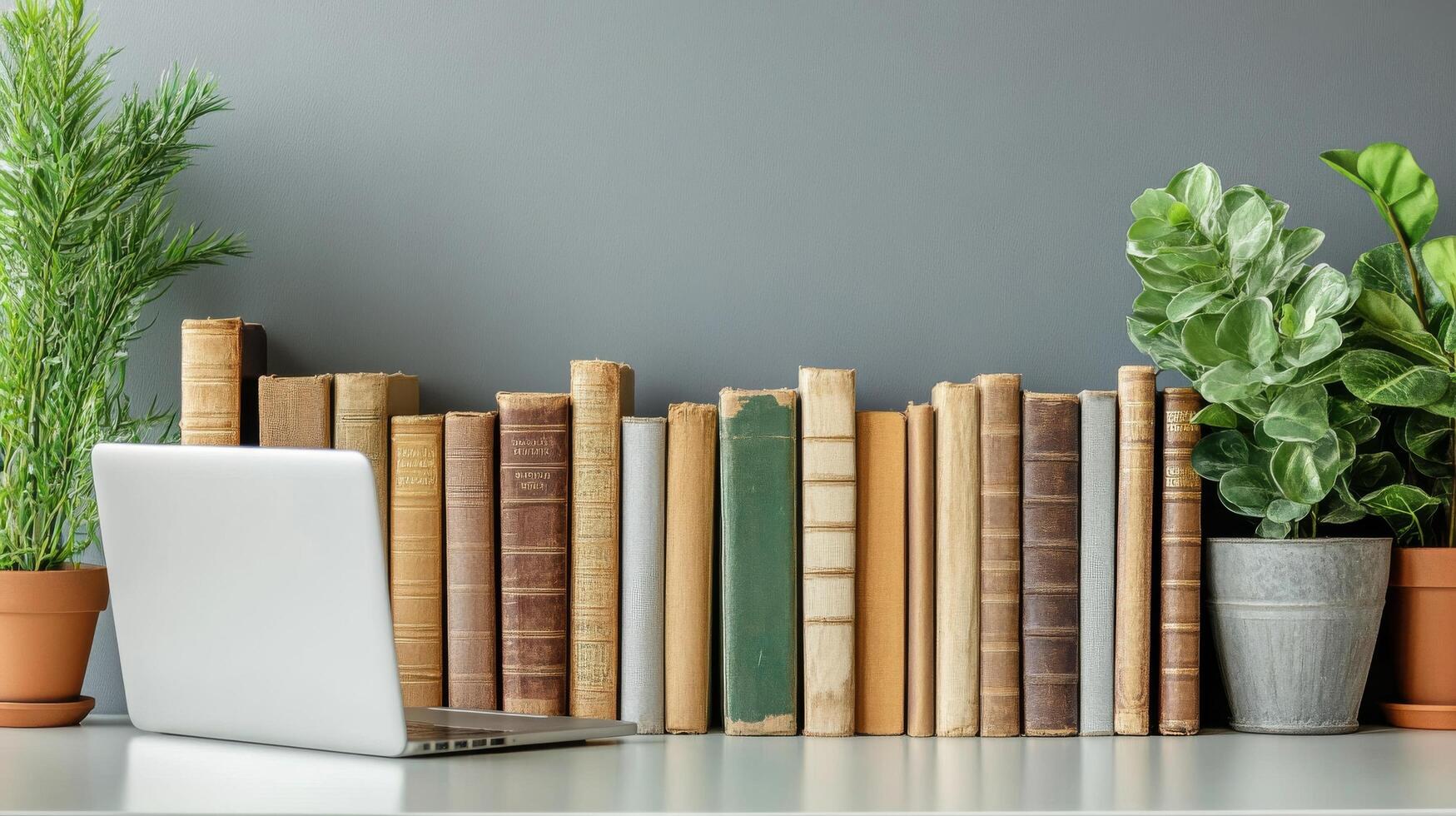 Books and laptop on desk with plants photo