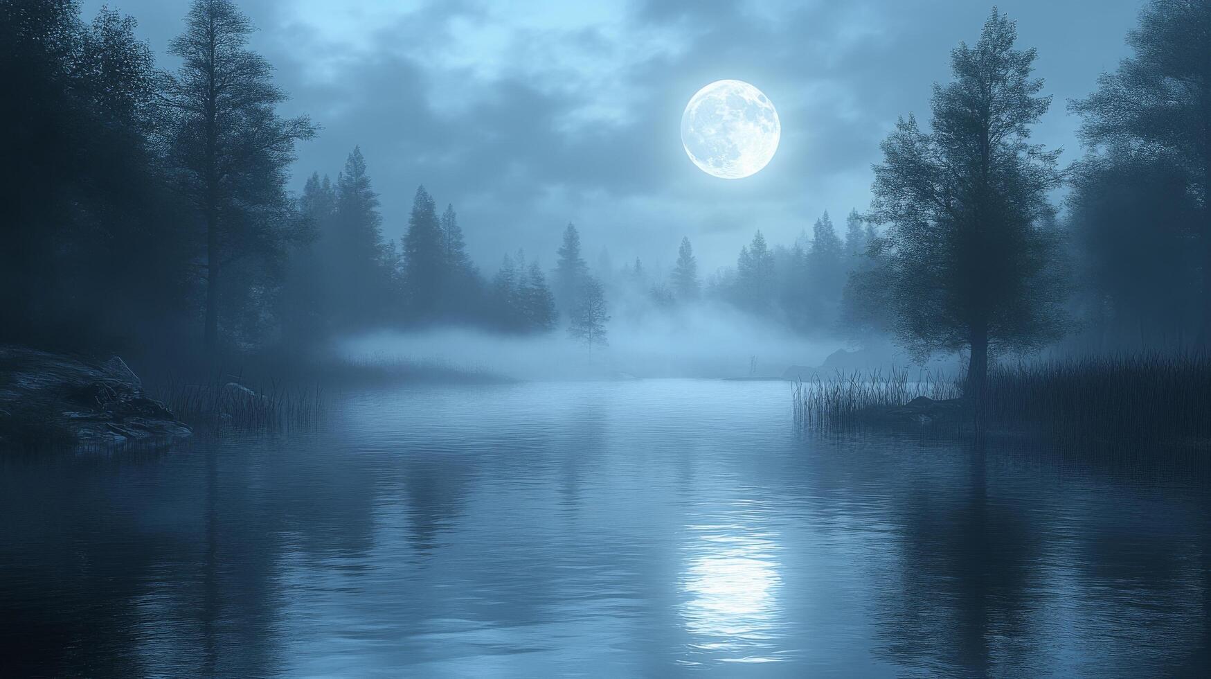A full moon is shining over a lake in the woods photo